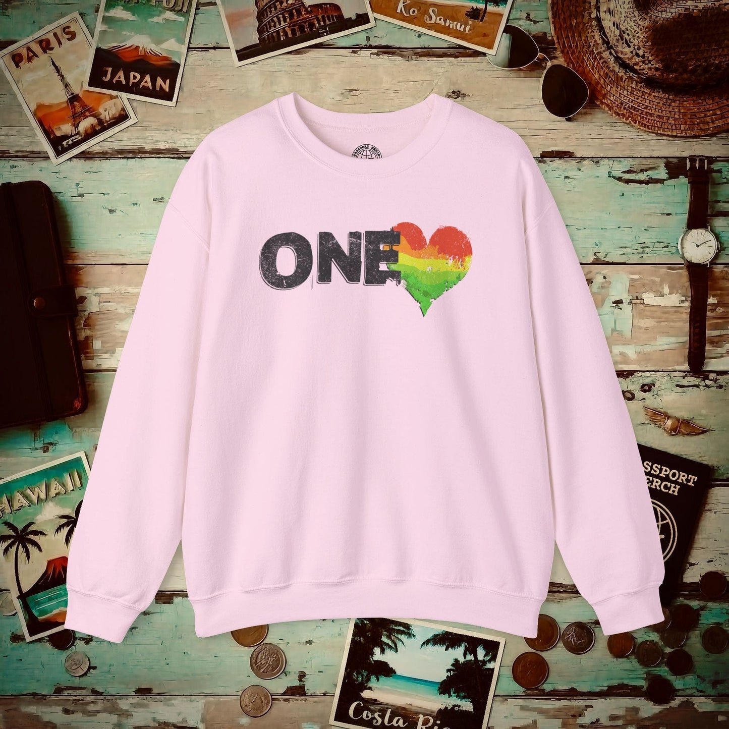 One Heart, Jamaican Reggae Crewneck Light Pink / S