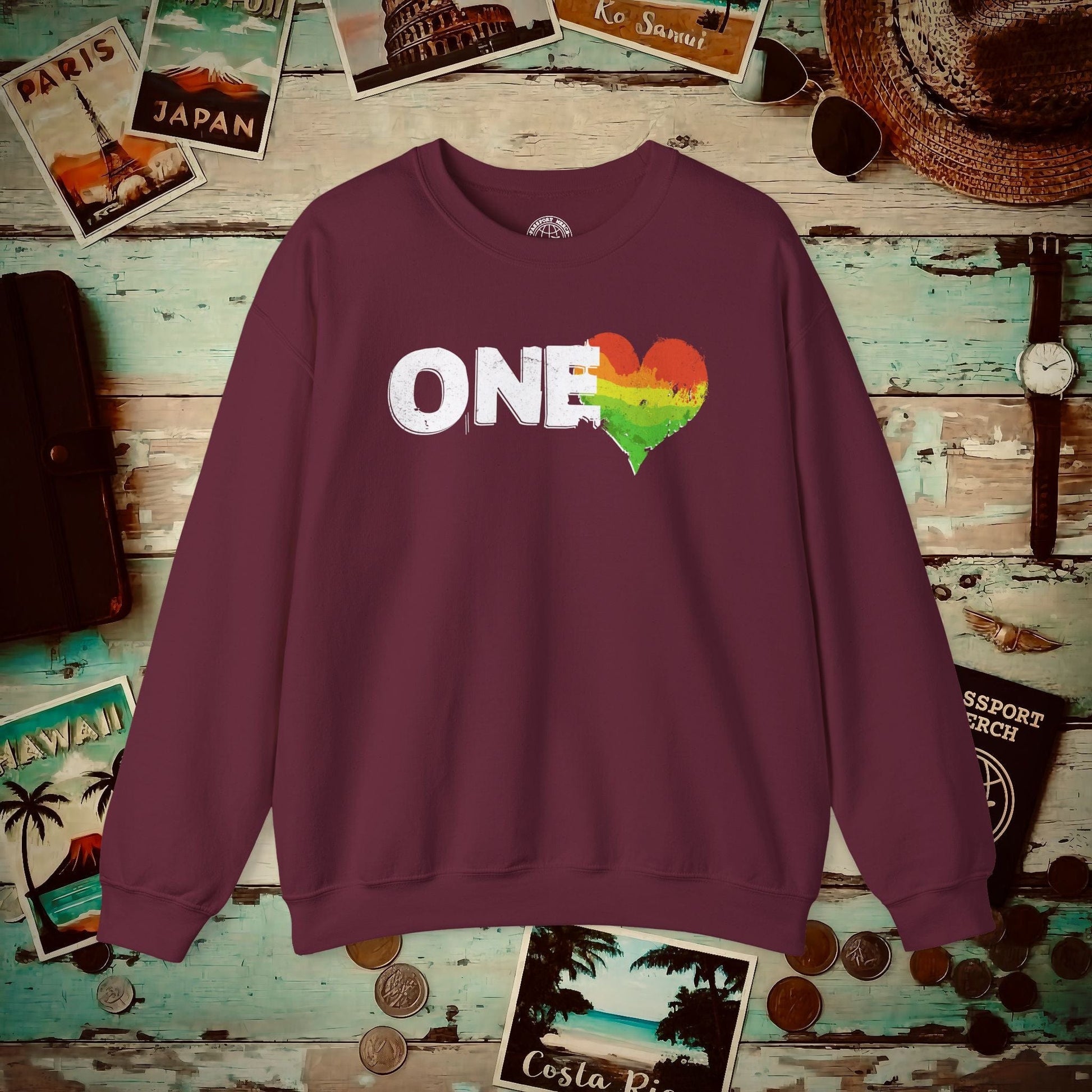One Heart, Jamaican Reggae Crewneck Maroon / S