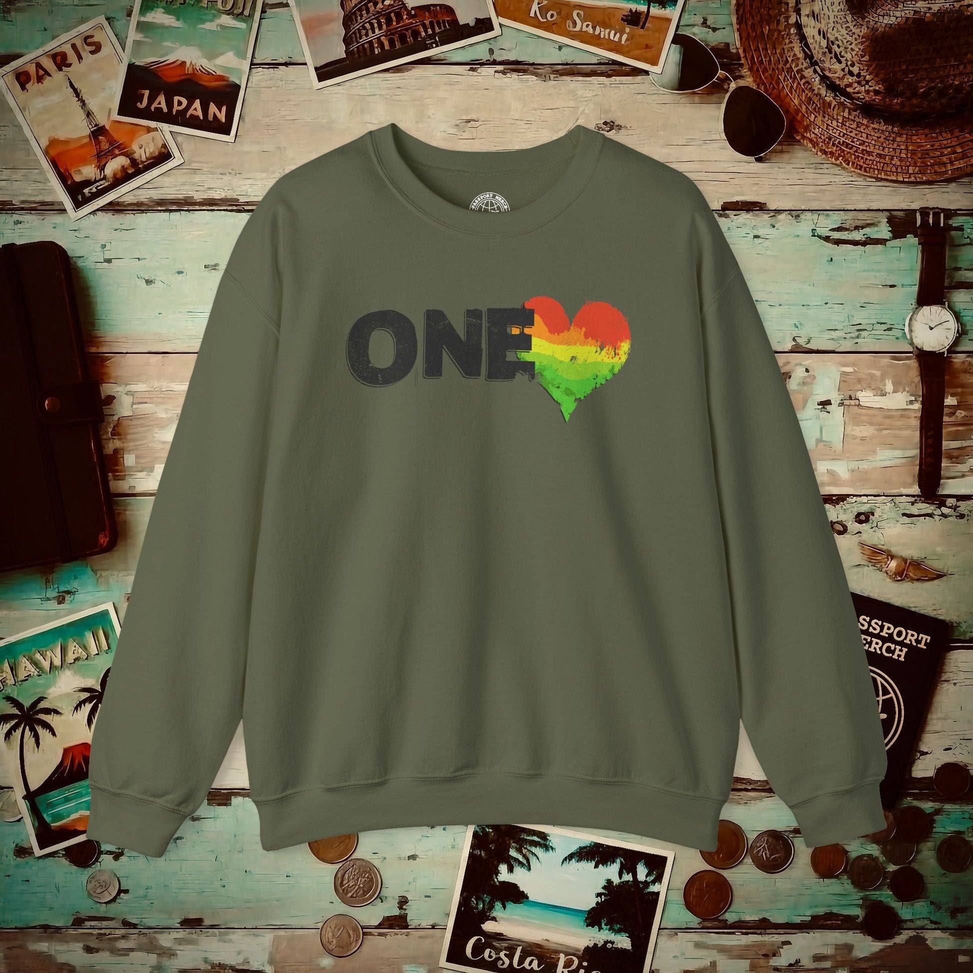 One Heart, Jamaican Reggae Crewneck Military Green / S