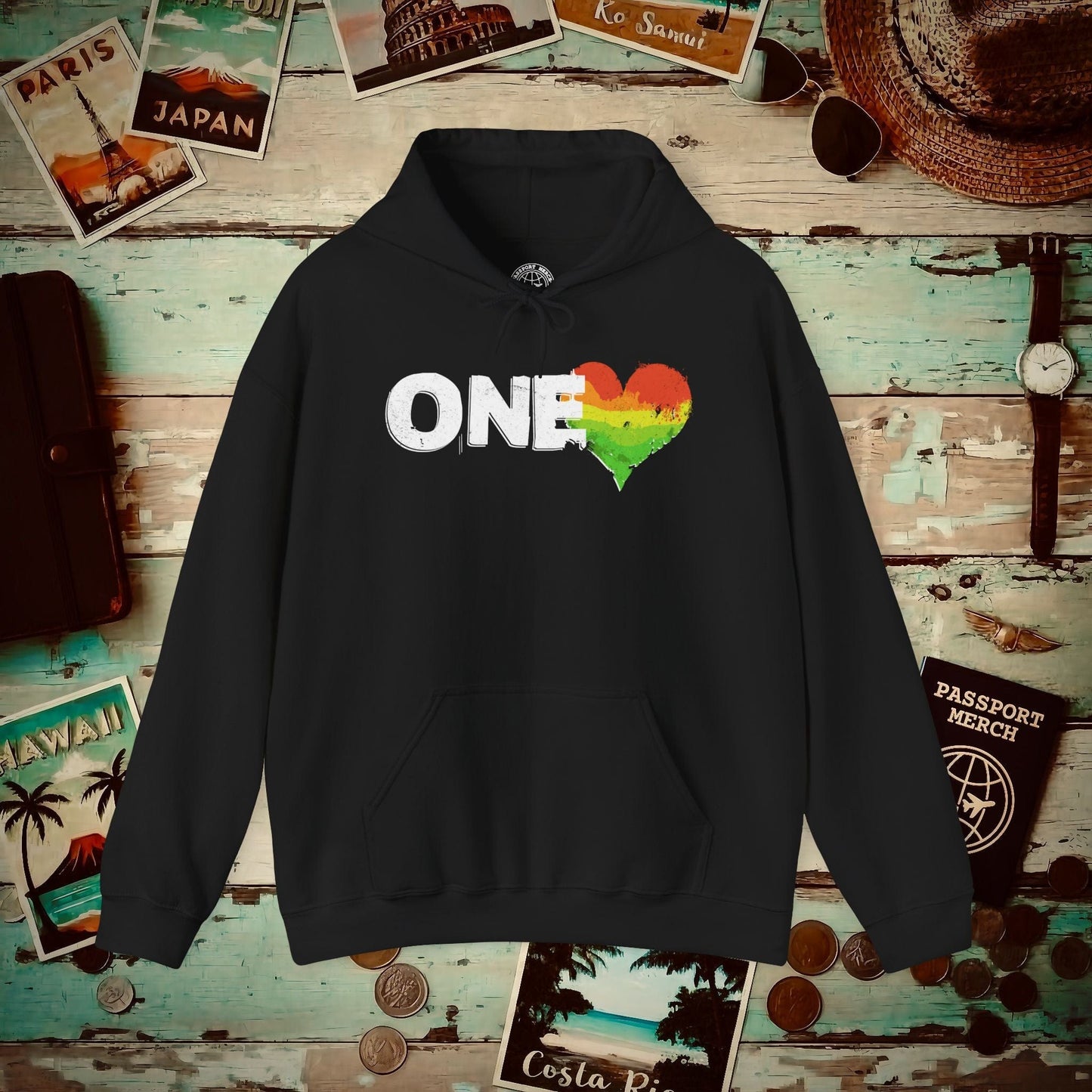 One Heart, Jamaican Reggae Hoodie Black / S