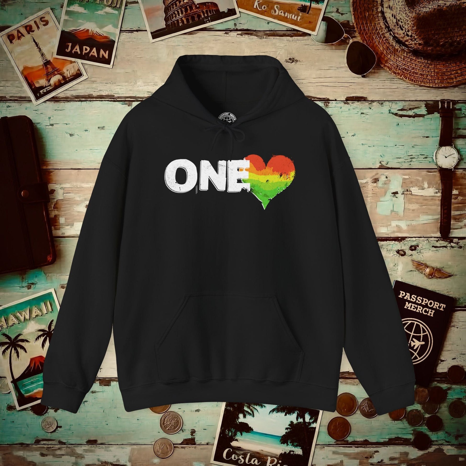 One Heart, Jamaican Reggae Hoodie Black / S