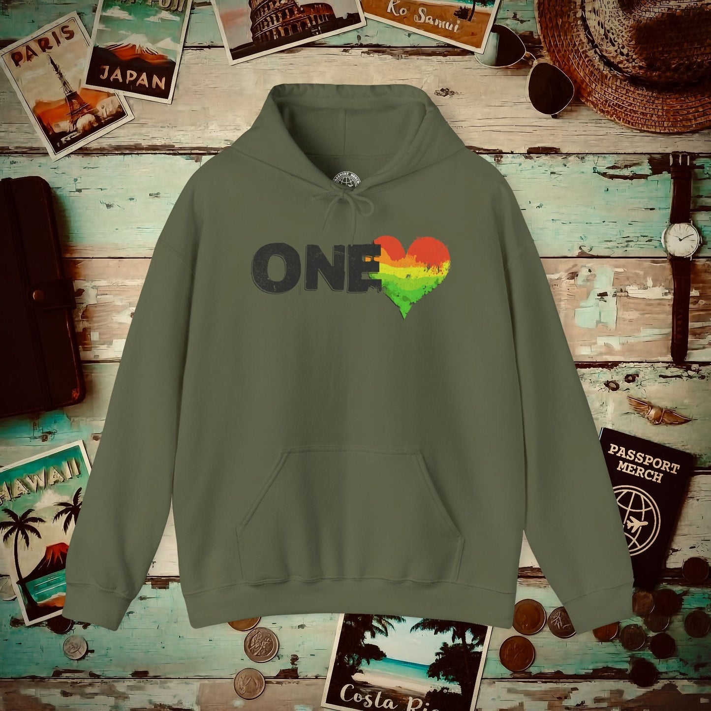 One Heart, Jamaican Reggae Hoodie Military Green / S