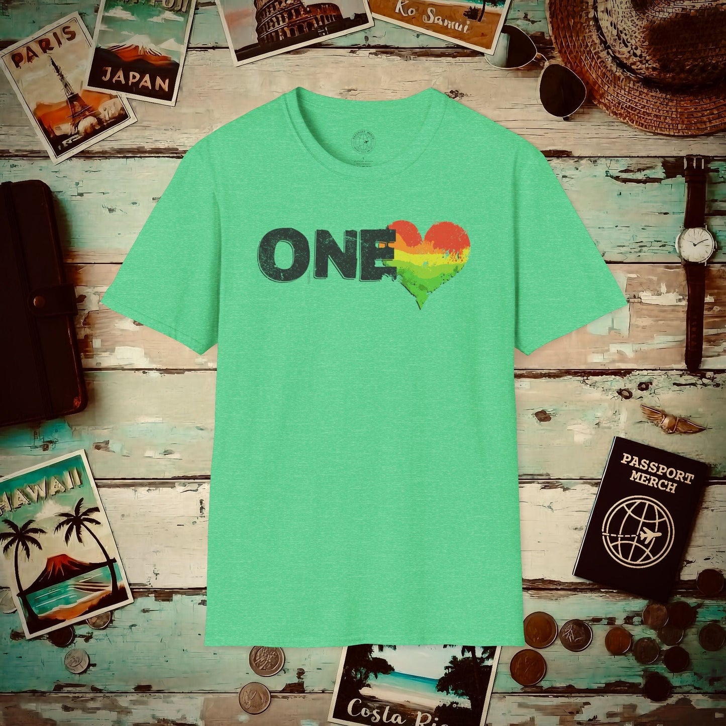 One Heart, Jamaican Reggae T-Shirt Heather Irish Green / S