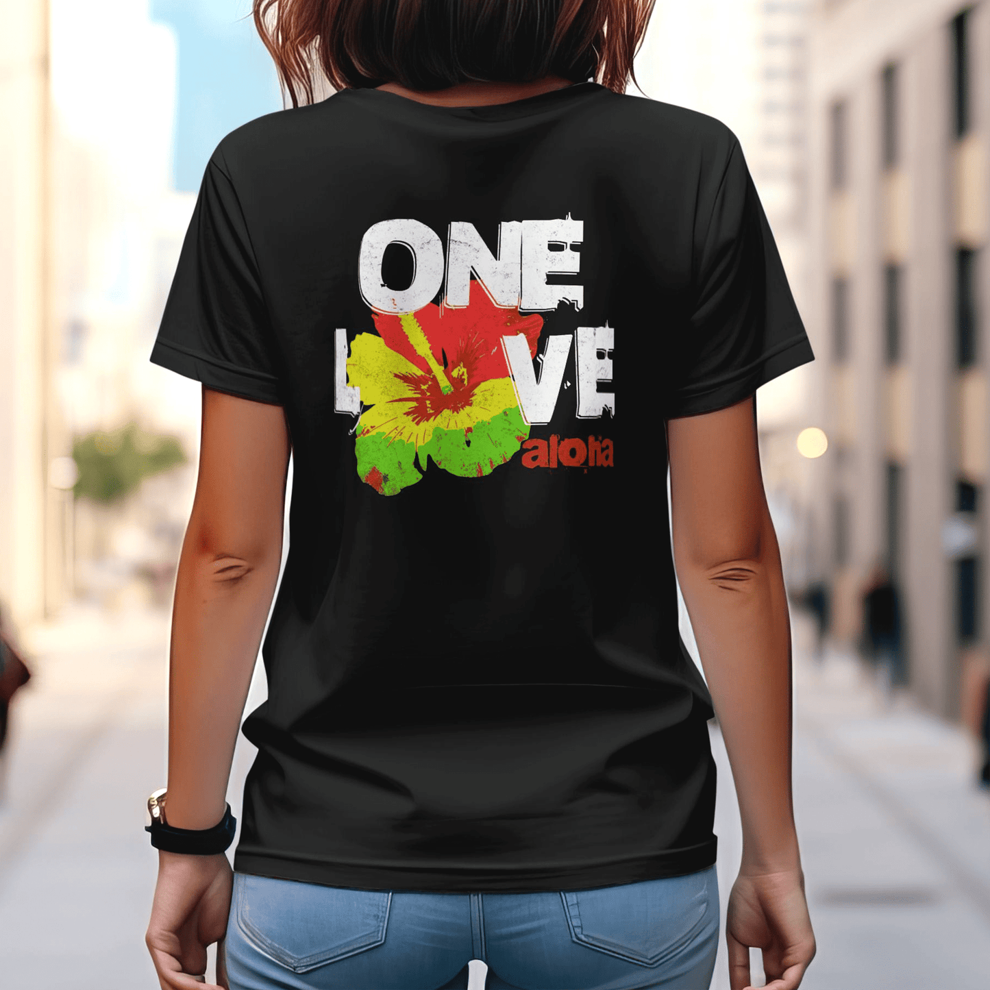 One Love, Aloha, Hawaii, Back Print T-Shirt Black / S