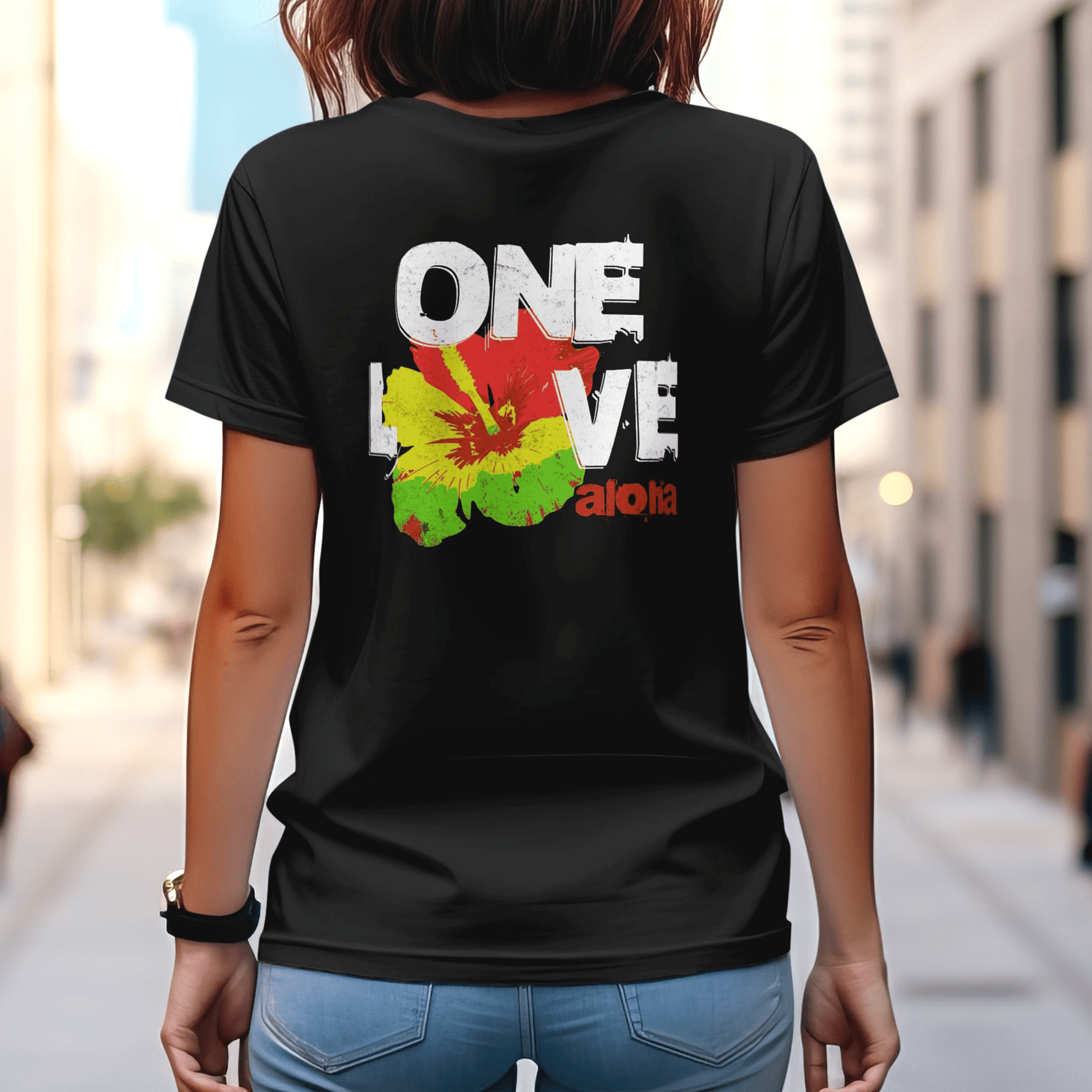 One Love, Aloha, Hawaii, Back Print T-Shirt Black / S
