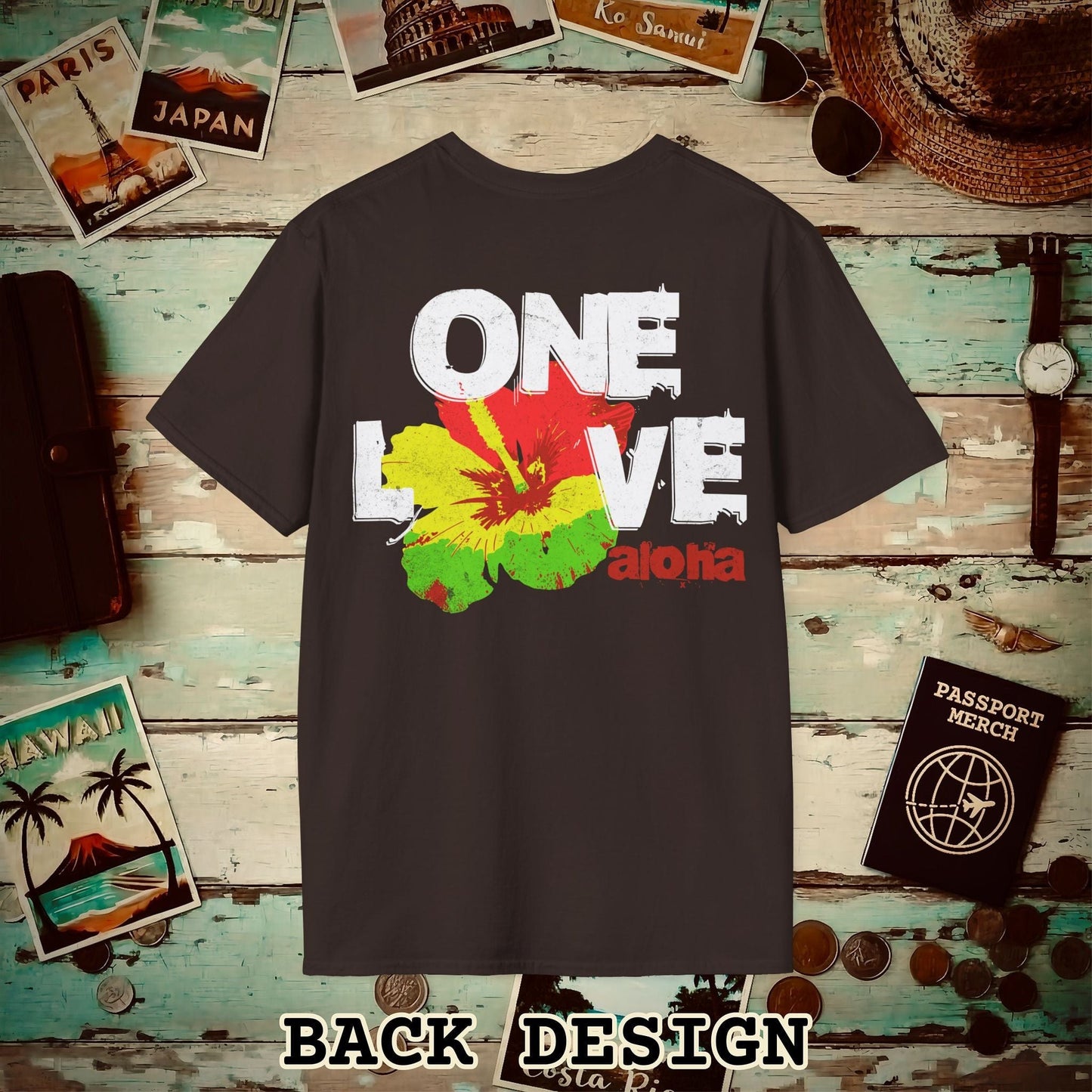One Love, Aloha, Hawaii, Back Print T-Shirt Dark Chocolate / S