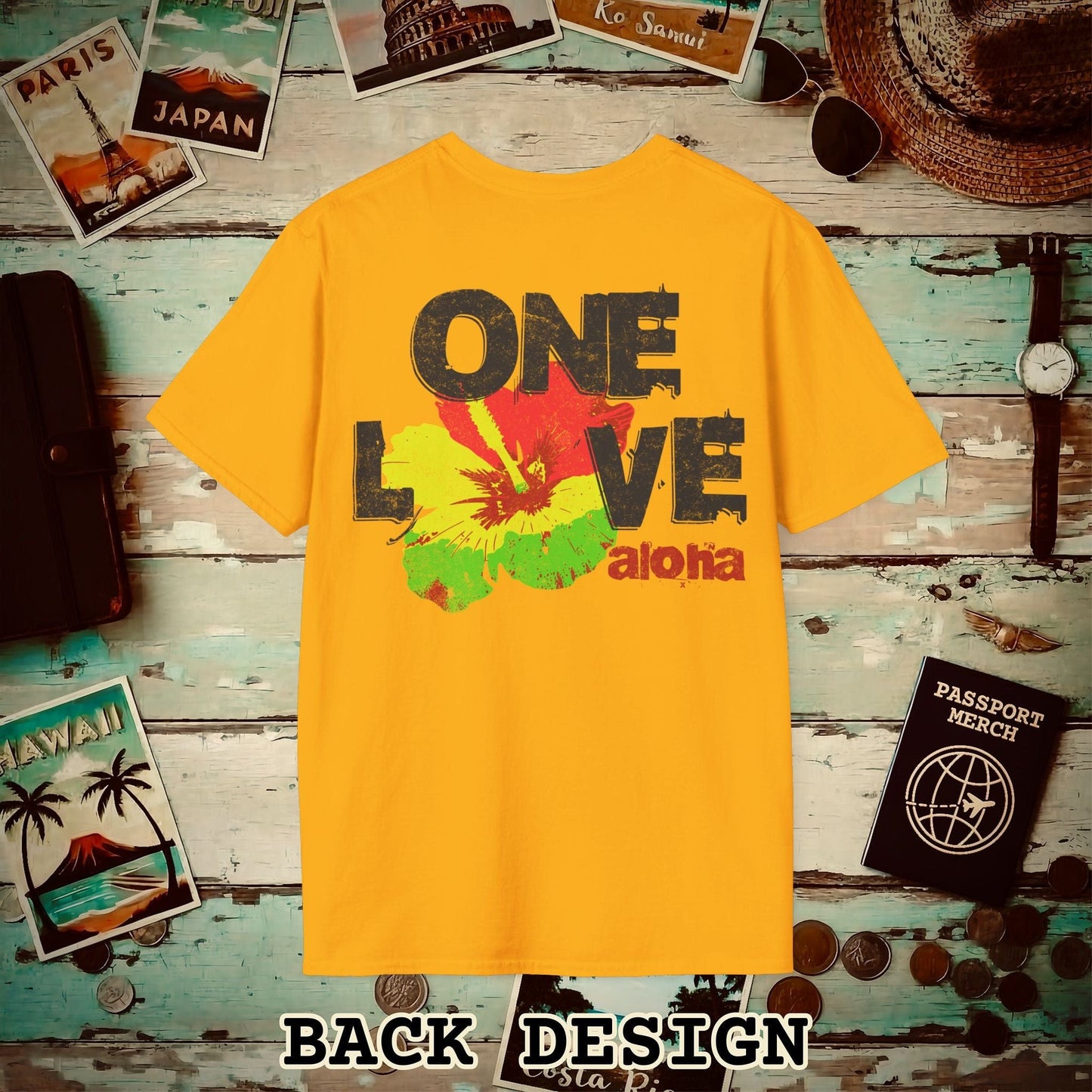 One Love, Aloha, Hawaii, Back Print T-Shirt Gold / S