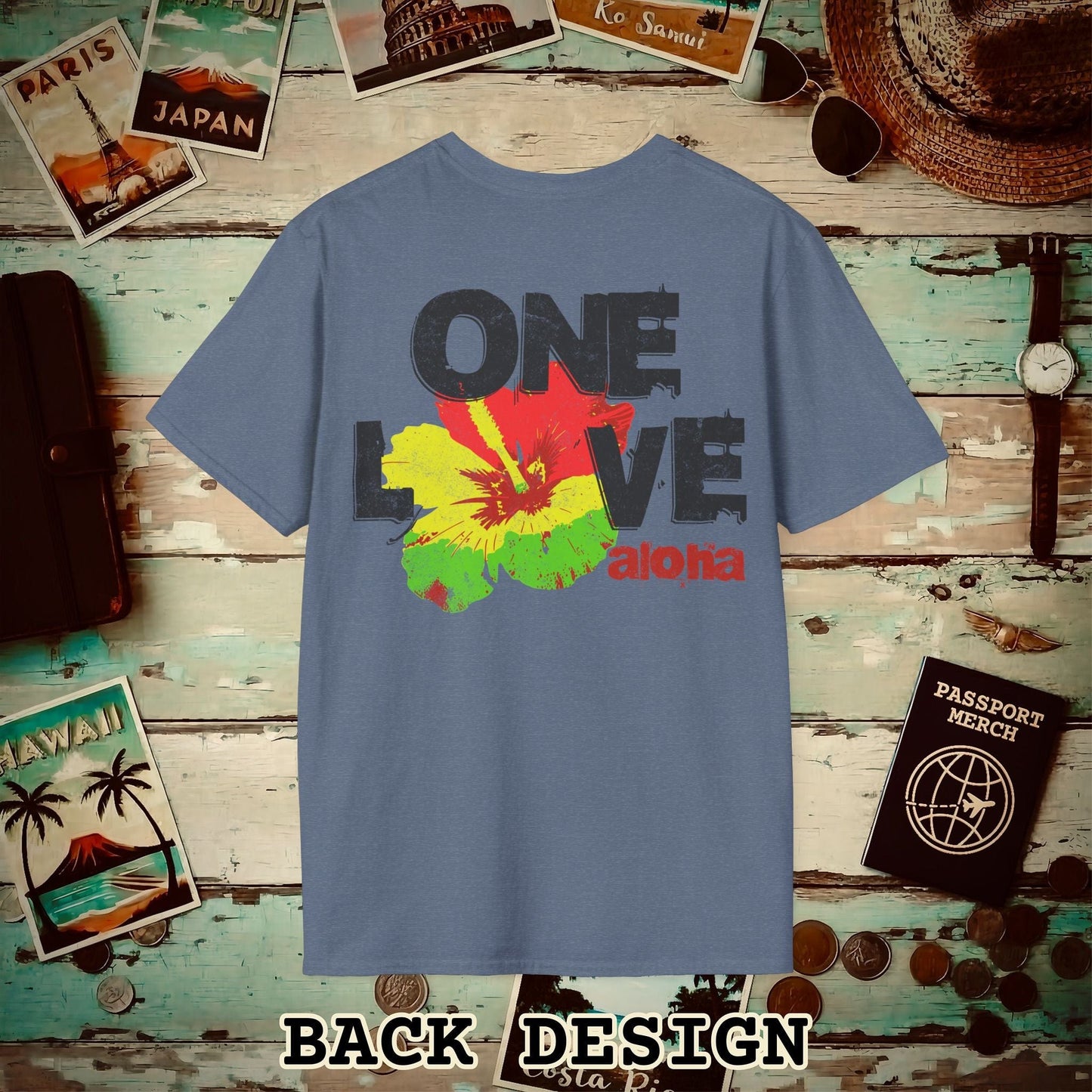 One Love, Aloha, Hawaii, Back Print T-Shirt Heather Indigo / S