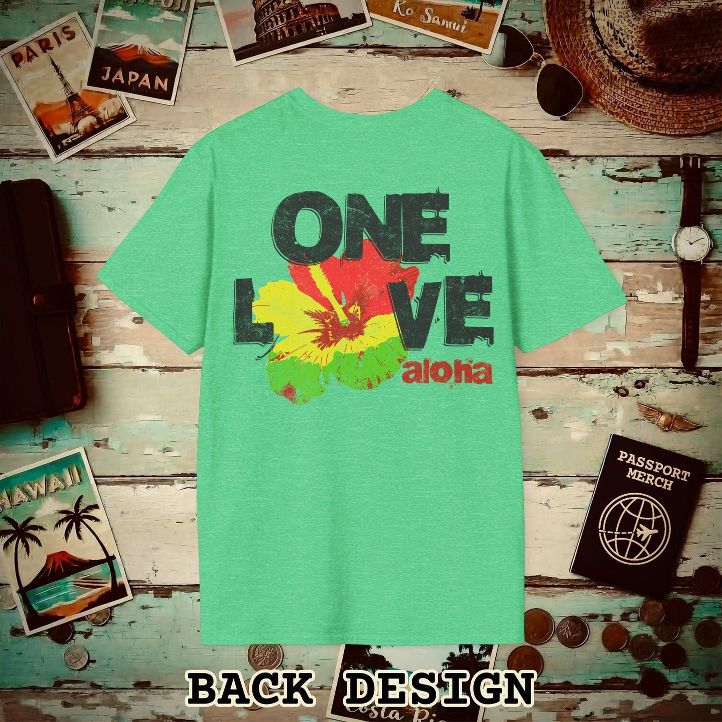 One Love, Aloha, Hawaii, Back Print T-Shirt Heather Irish Green / S