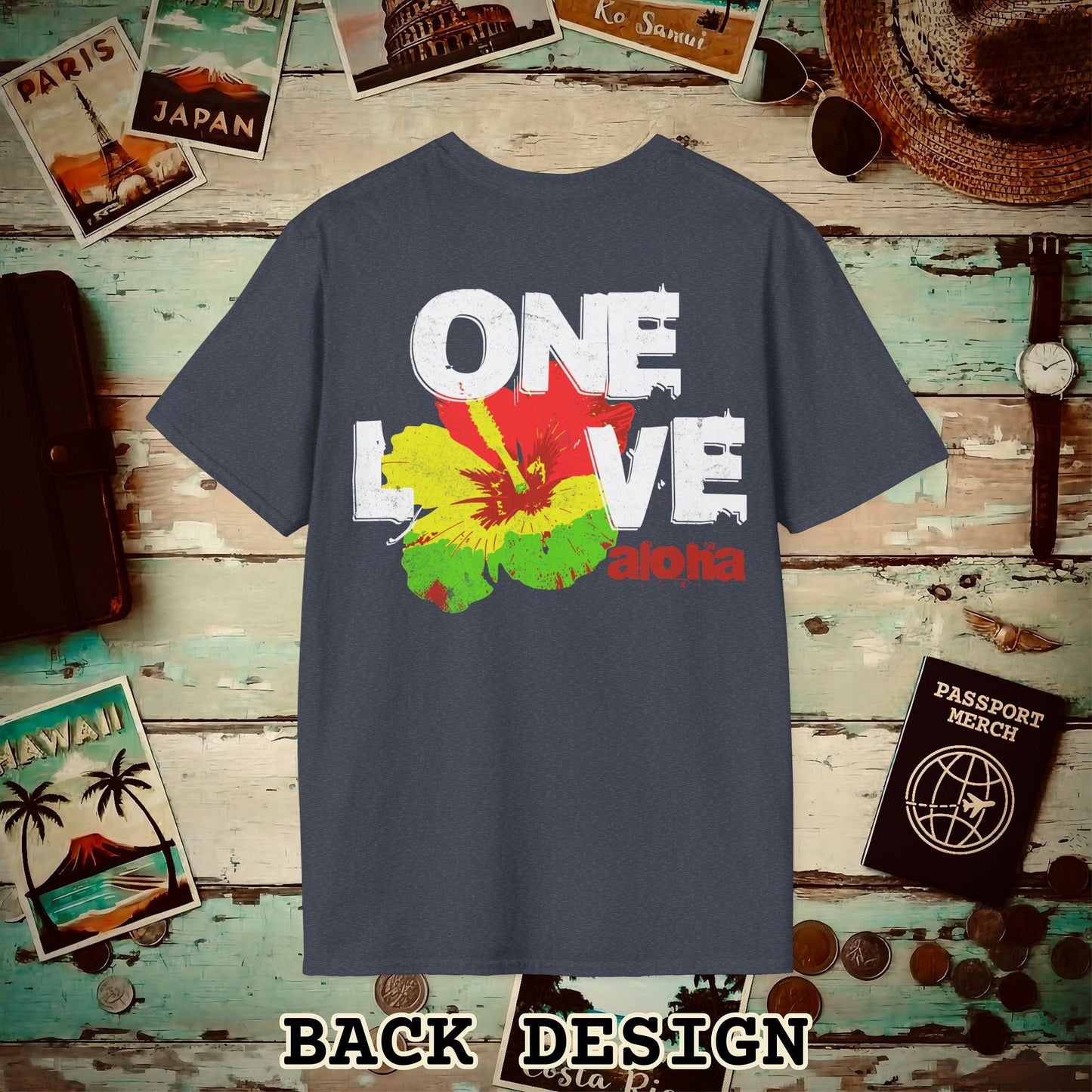One Love, Aloha, Hawaii, Back Print T-Shirt Heather Navy / S