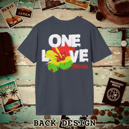 One Love, Aloha, Hawaii, Back Print T-Shirt Heather Navy / S
