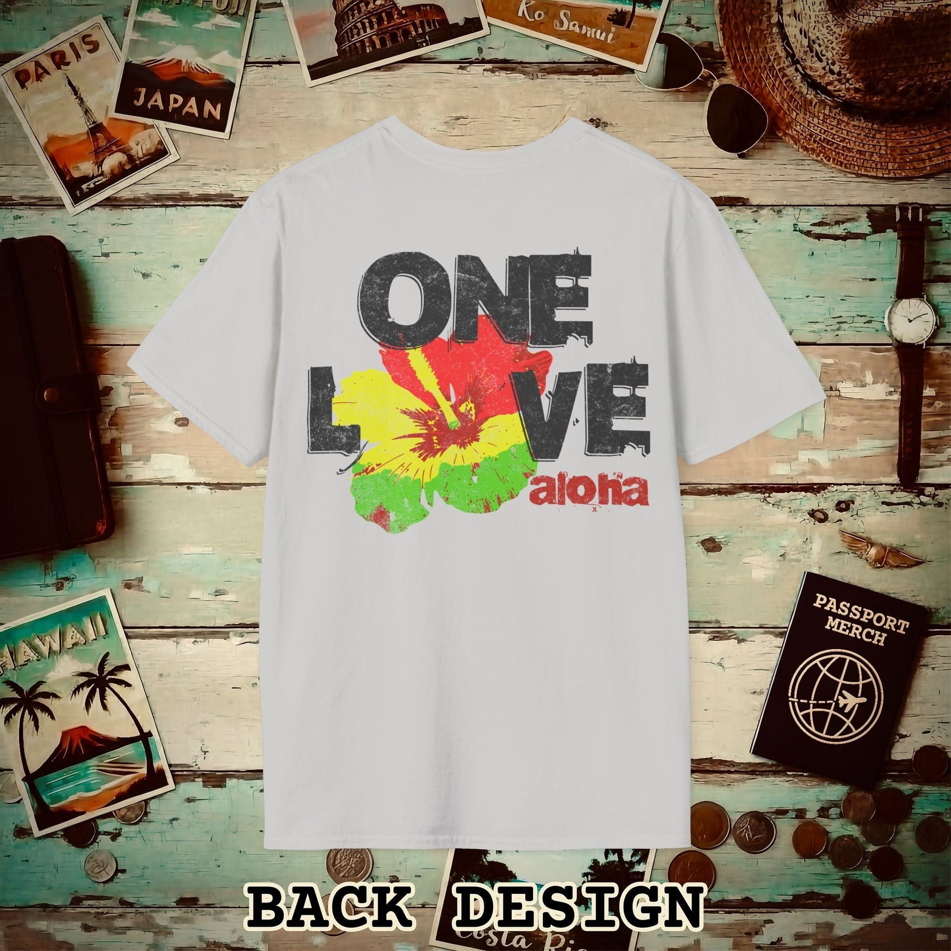 One Love, Aloha, Hawaii, Back Print T-Shirt Ice Grey / S