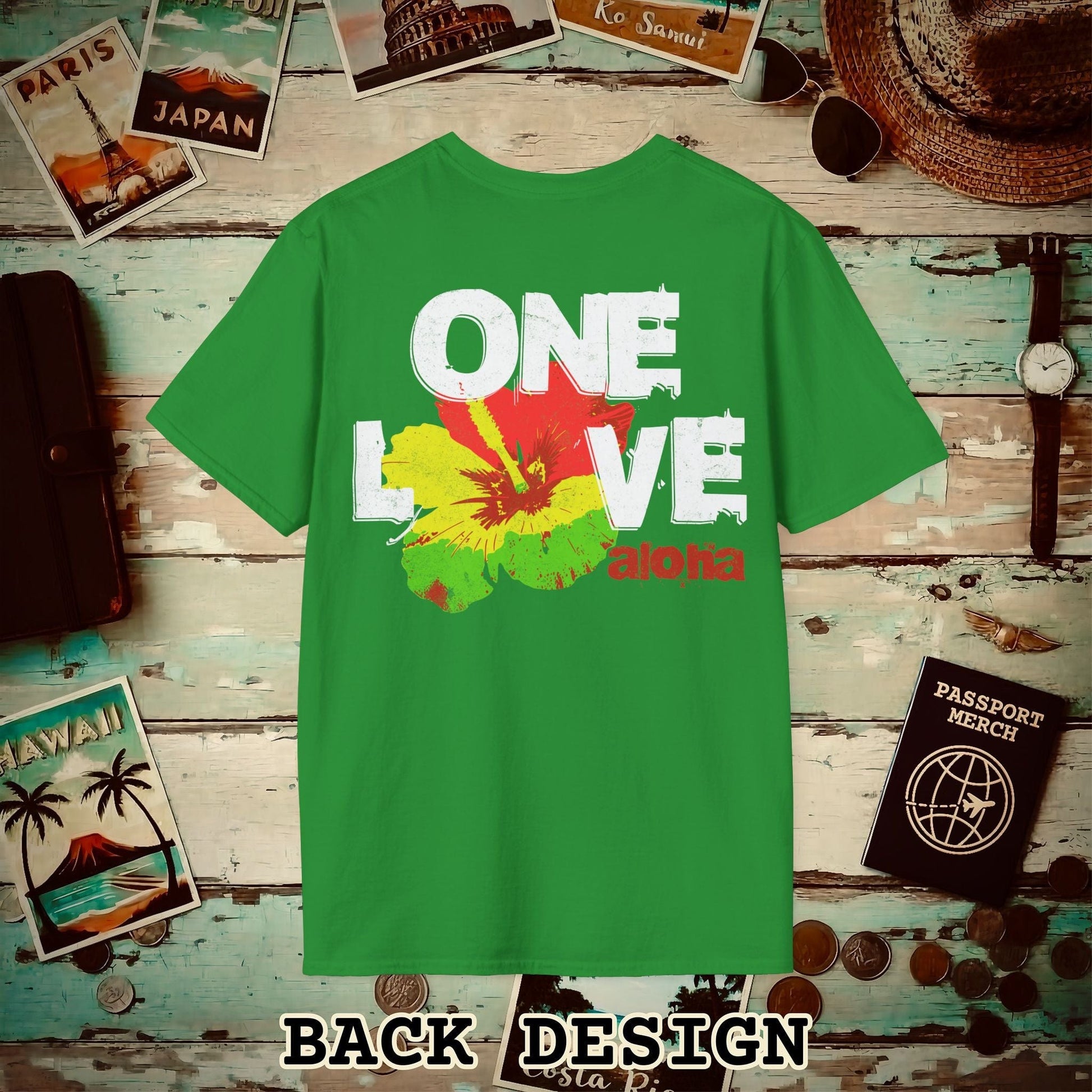 One Love, Aloha, Hawaii, Back Print T-Shirt Irish Green / S