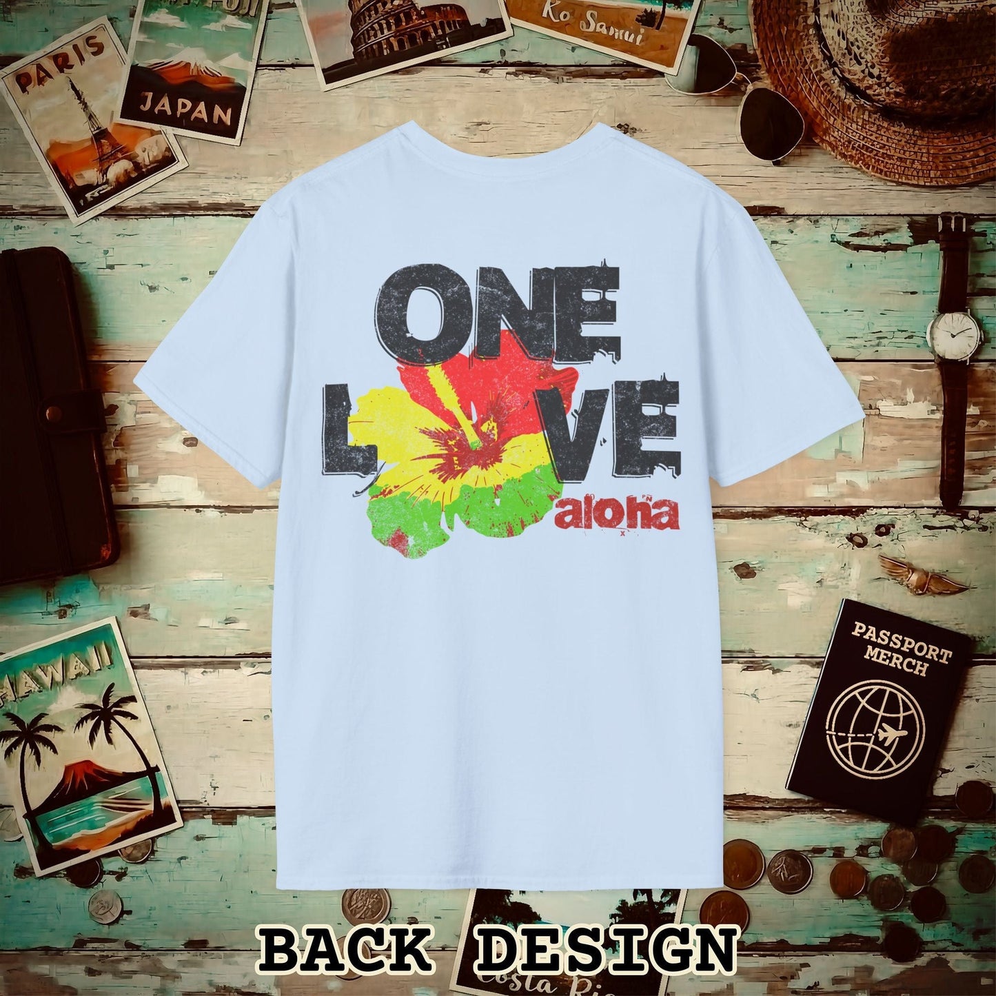 One Love, Aloha, Hawaii, Back Print T-Shirt Light Blue / S