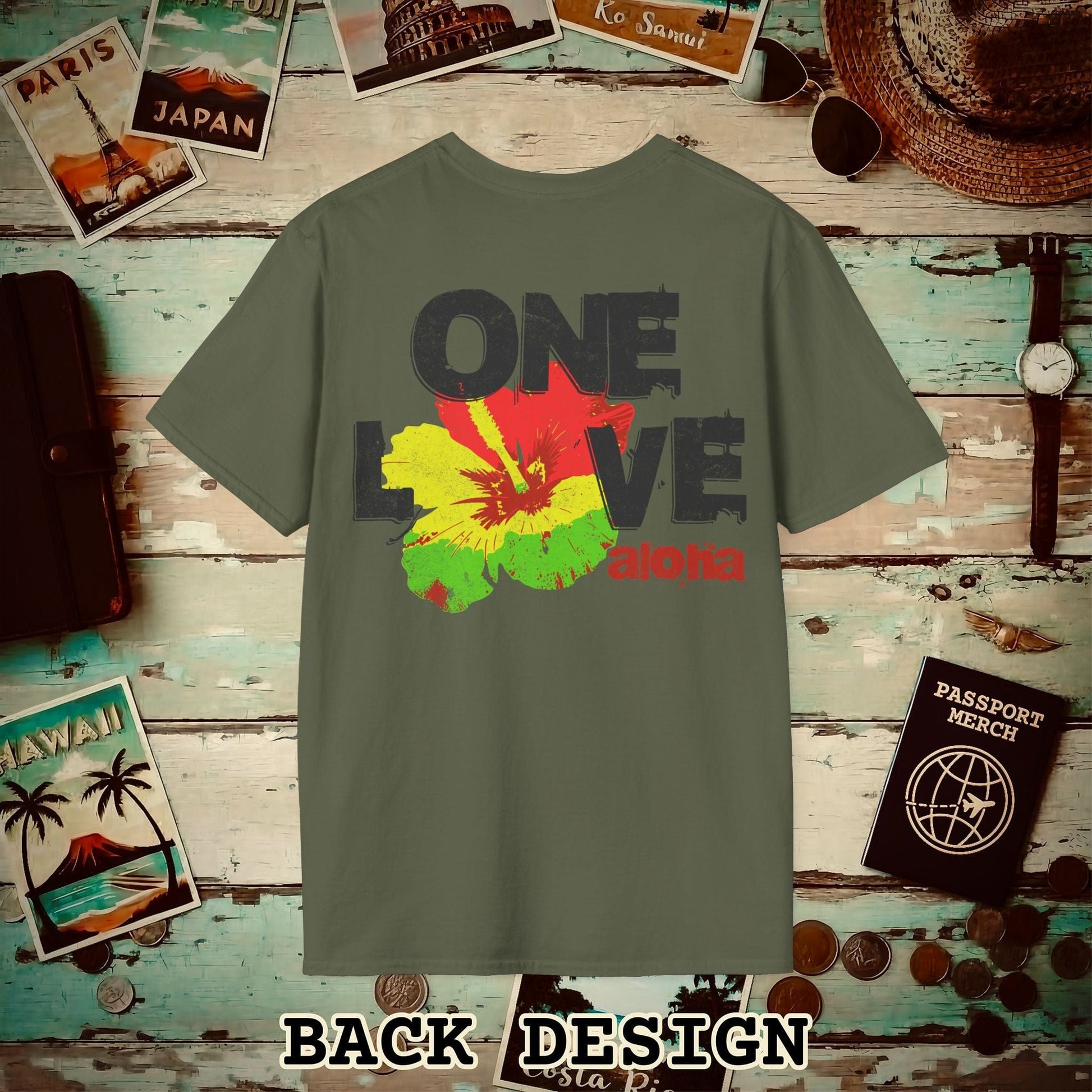 One Love, Aloha, Hawaii, Back Print T-Shirt Military Green / S