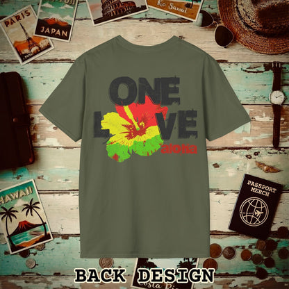 One Love, Aloha, Hawaii, Back Print T-Shirt Military Green / S