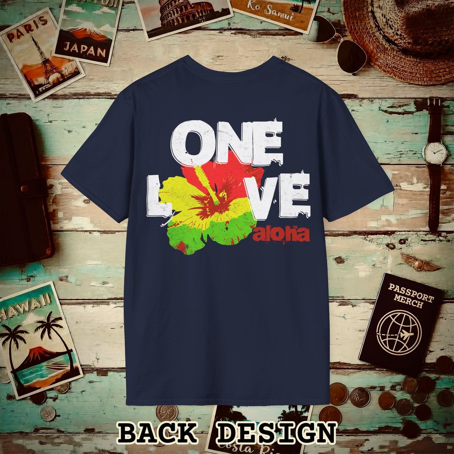 One Love, Aloha, Hawaii, Back Print T-Shirt Navy / S