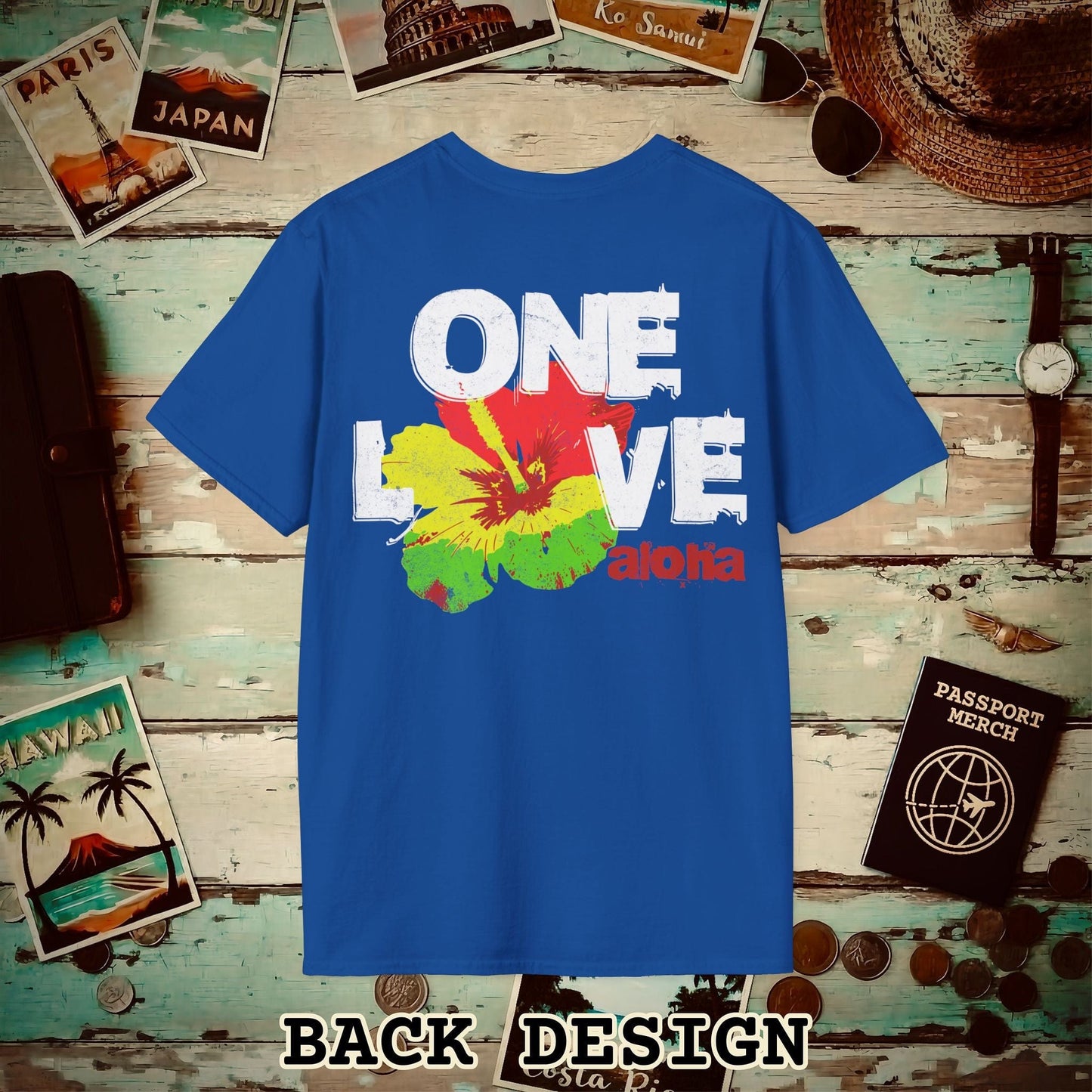 One Love, Aloha, Hawaii, Back Print T-Shirt Royal / S