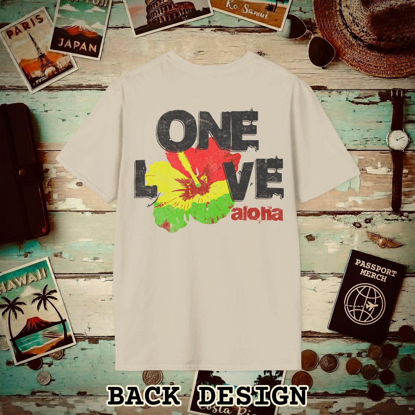 One Love, Aloha, Hawaii, Back Print T-Shirt Sand / S