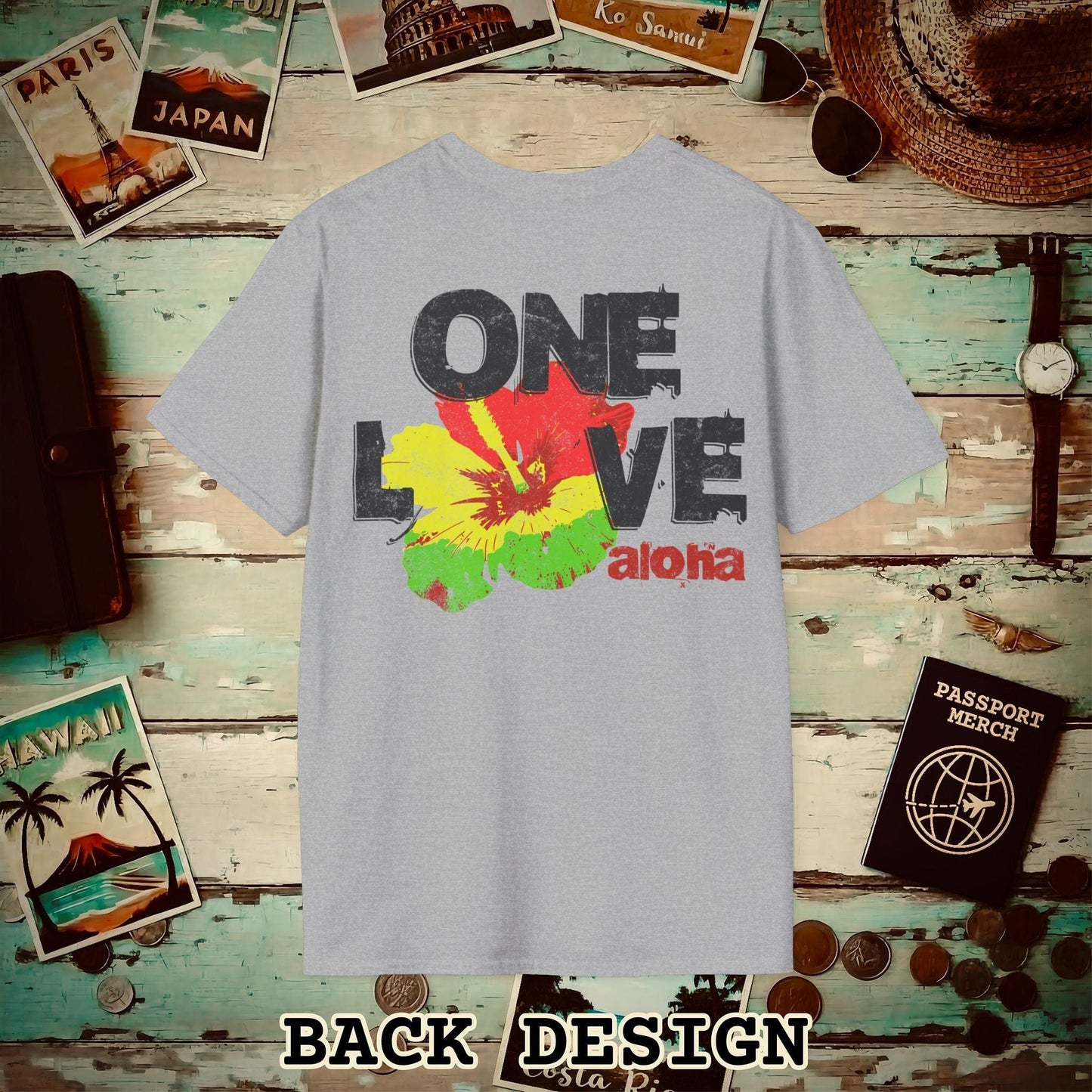 One Love, Aloha, Hawaii, Back Print T-Shirt Sport Grey / S