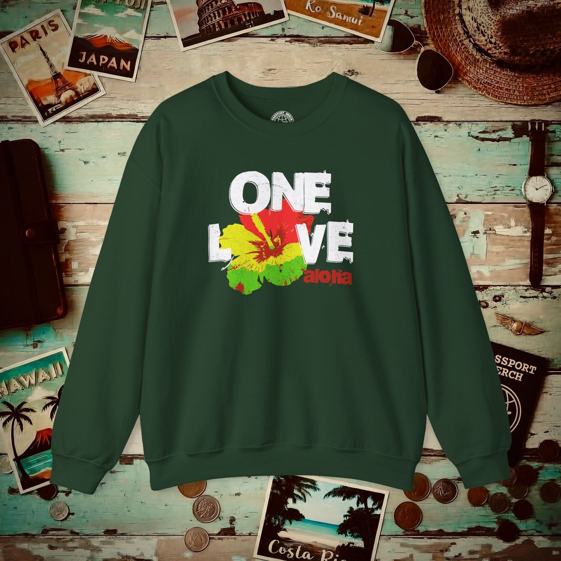One Love, Aloha, Hawaii Crewneck Forest Green / S
