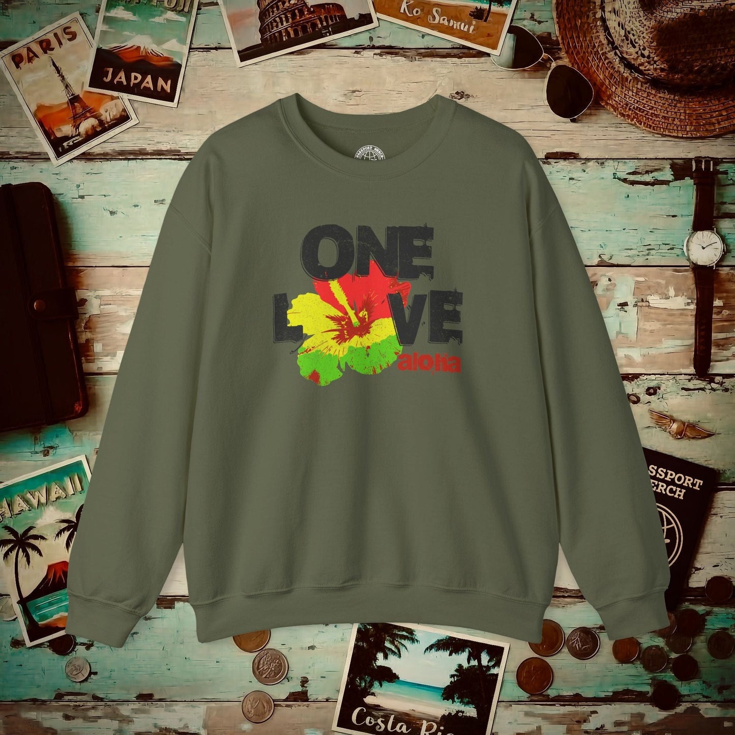 One Love, Aloha, Hawaii Crewneck Military Green / S