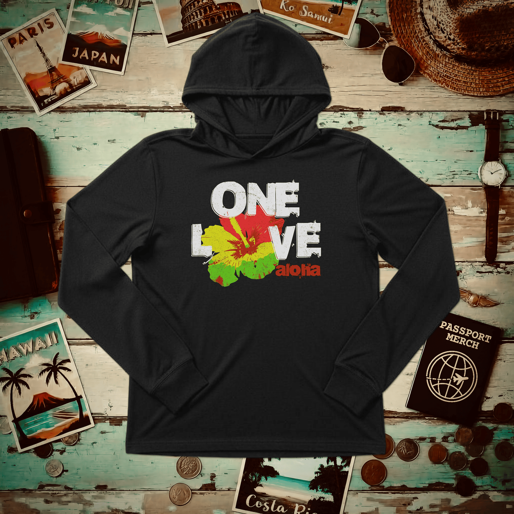 One Love, Aloha, Hawaii Hooded Long Sleeve Black / S