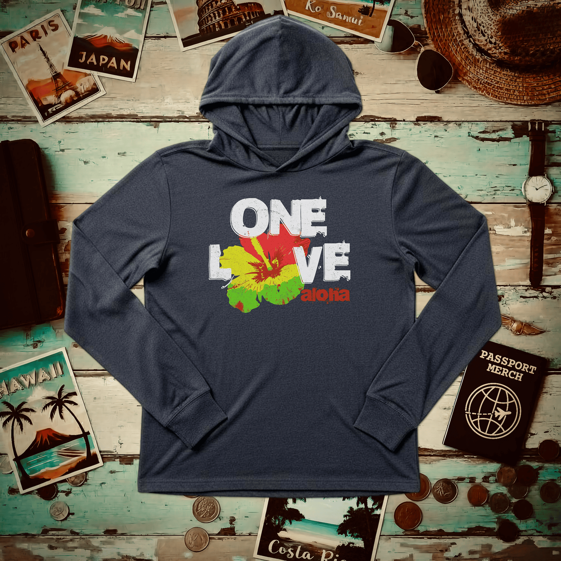 One Love, Aloha, Hawaii Hooded Long Sleeve Heather Navy / XS