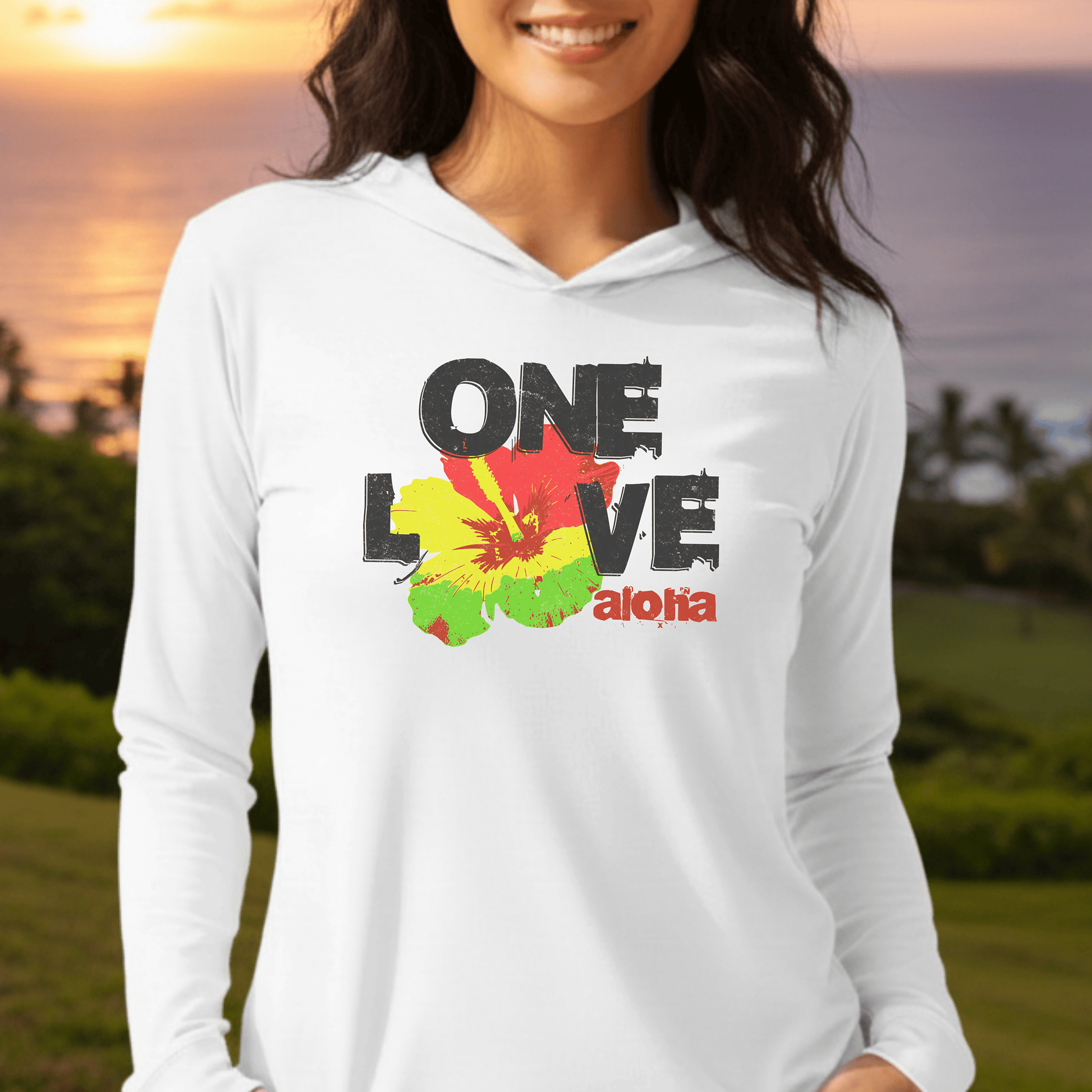 One Love, Aloha, Hawaii Hooded Long Sleeve White / XS