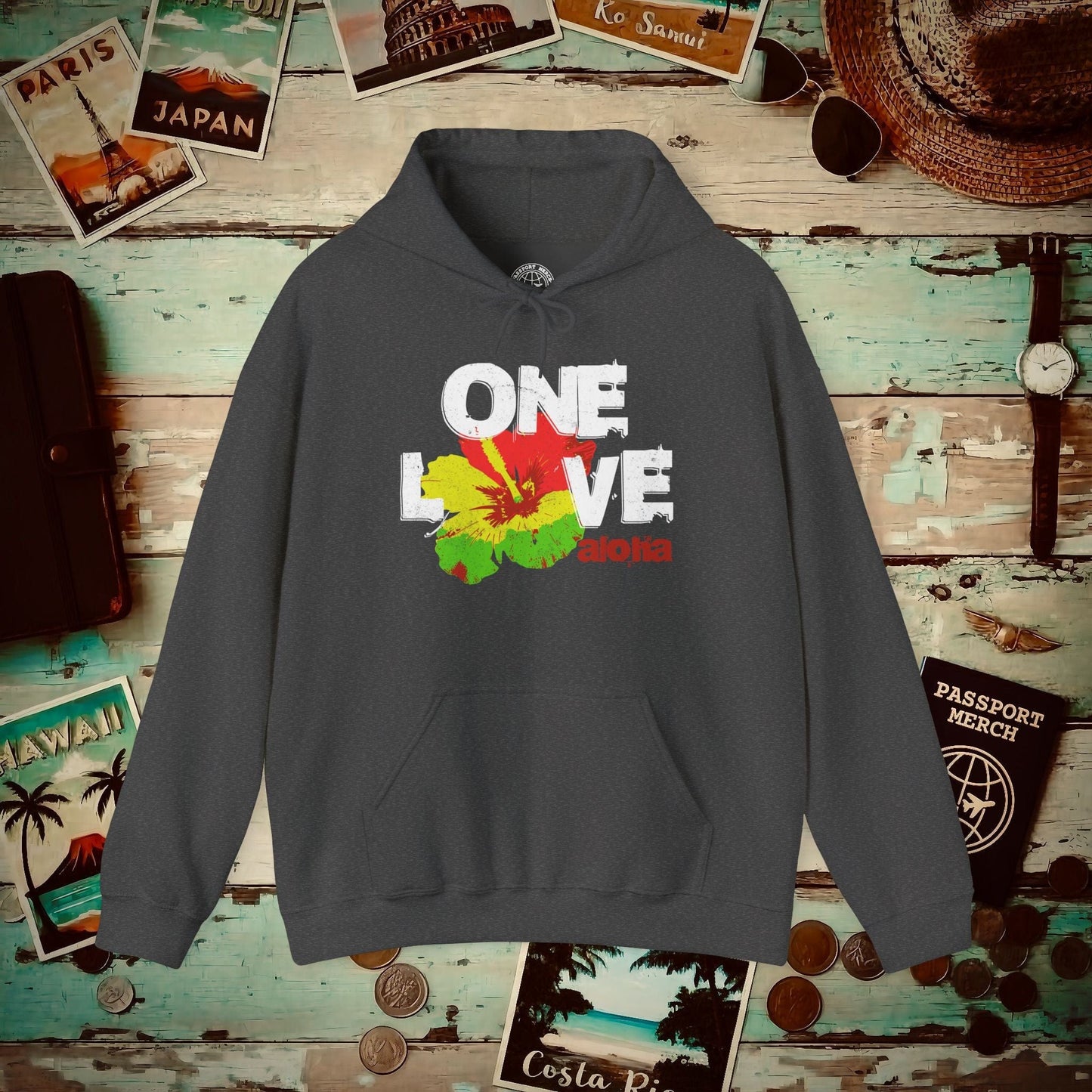 One Love, Aloha, Hawaii Hoodie Dark Heather / S