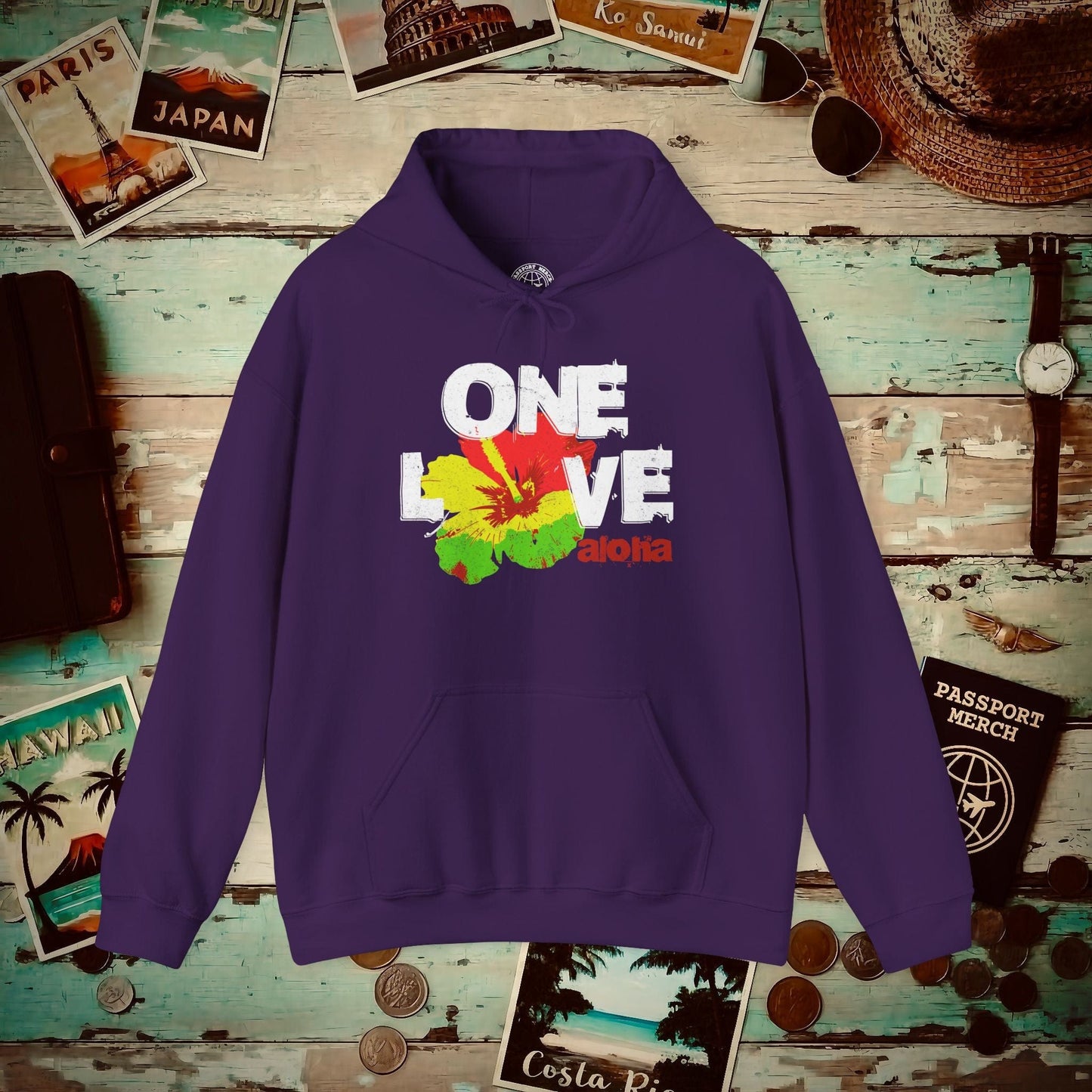 One Love, Aloha, Hawaii Hoodie Purple / S