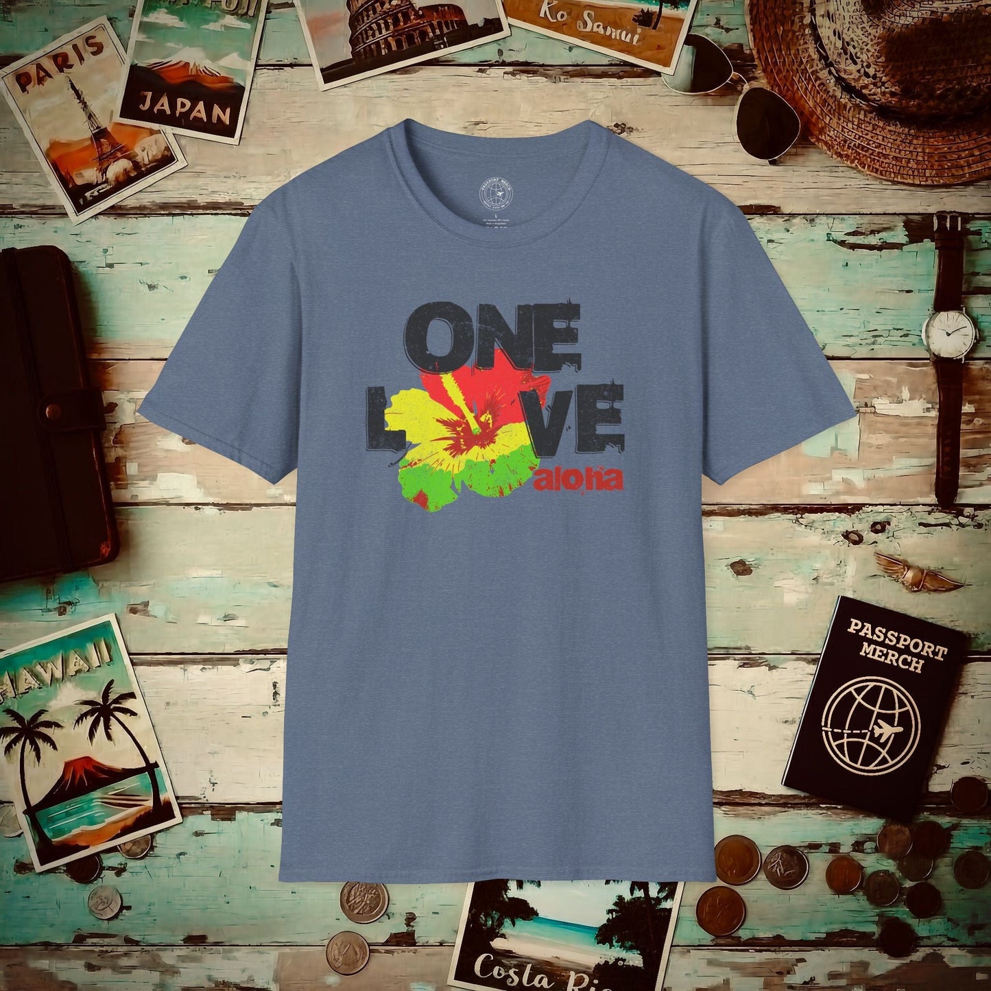 One Love, Aloha, Hawaii T-Shirt Heather Indigo / S