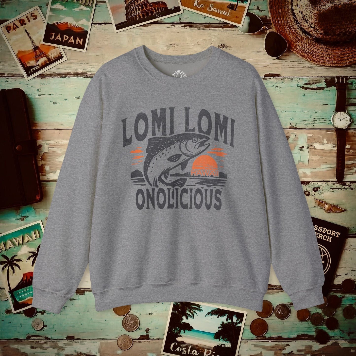 Onolicious Lomi Lomi Salmon, Hawaii Crewneck Graphite Heather / S