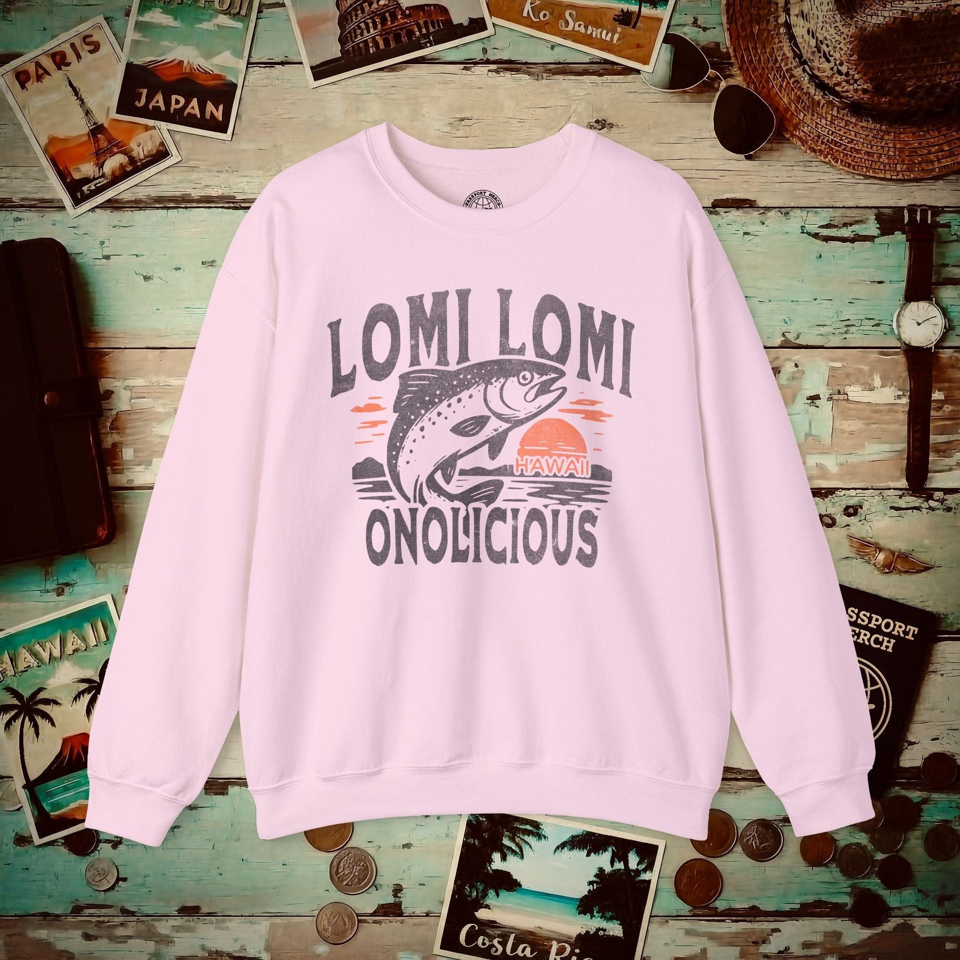 Onolicious Lomi Lomi Salmon, Hawaii Crewneck Light Pink / S
