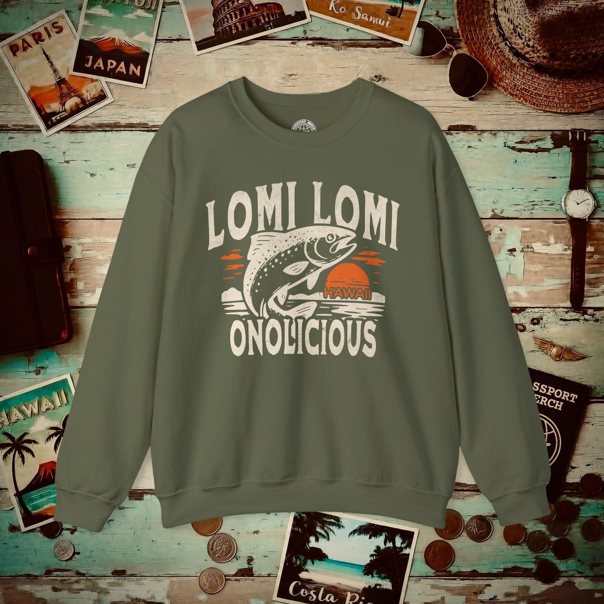 Onolicious Lomi Lomi Salmon, Hawaii Crewneck Military Green / S