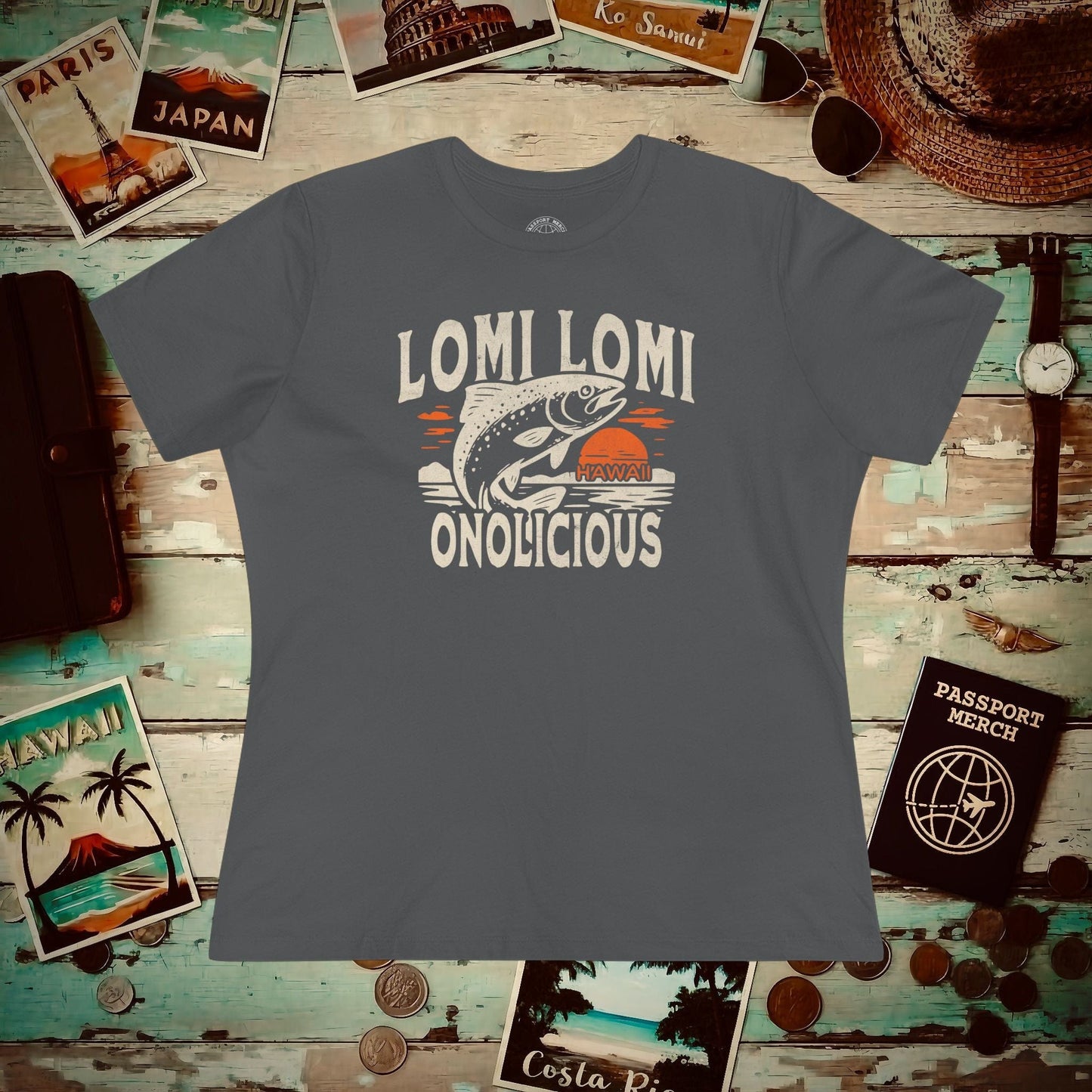 Onolicious Lomi Lomi Salmon, Hawaii, Womens Fit T-Shirt Asphalt / S