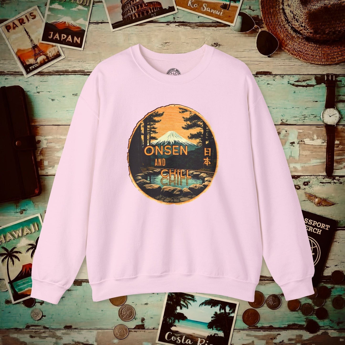 Onsen and Chill, Japan Crewneck Light Pink / S