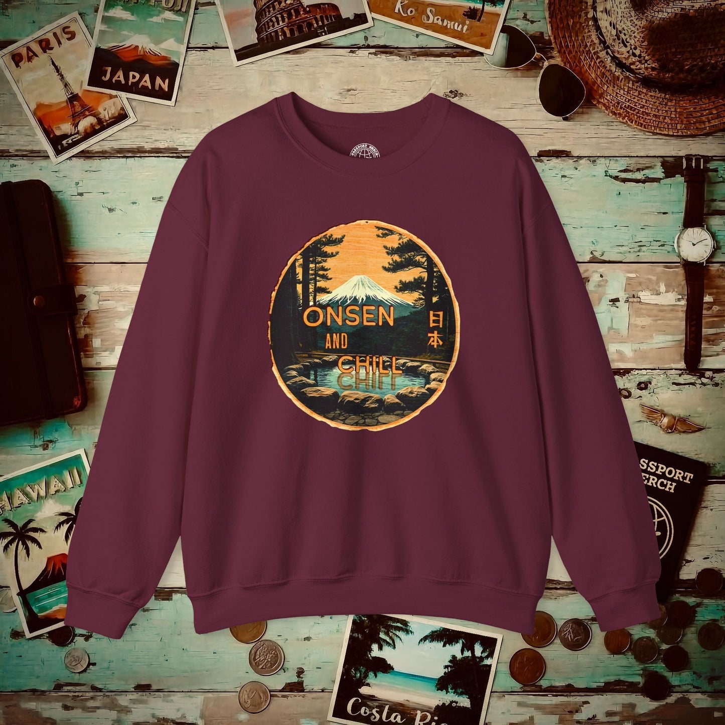 Onsen and Chill, Japan Crewneck Maroon / S