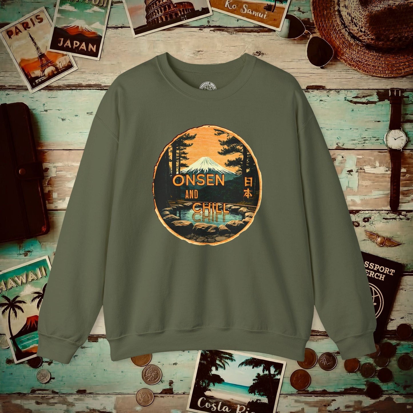Onsen and Chill, Japan Crewneck Military Green / S