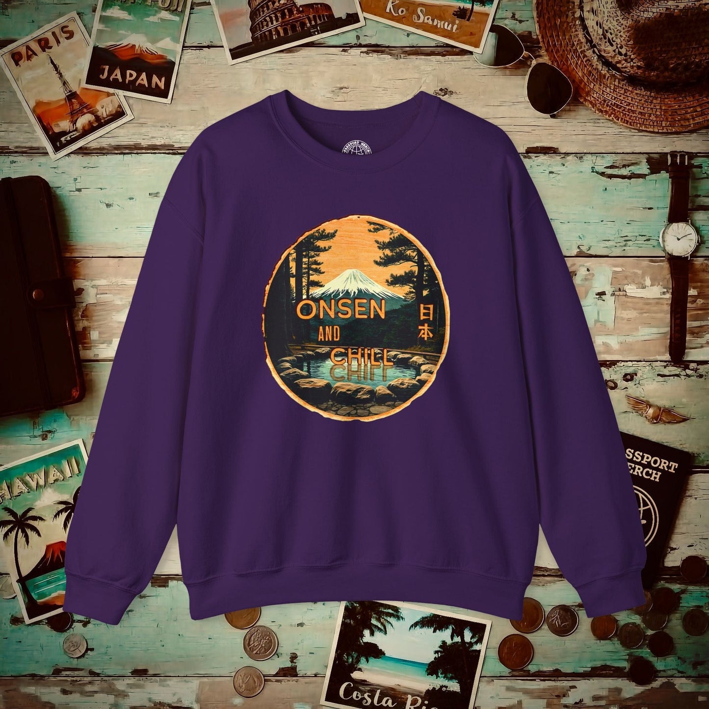 Onsen and Chill, Japan Crewneck Purple / S