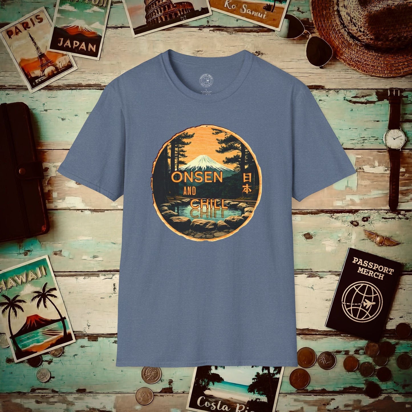 Onsen and Chill, Japan T-Shirt Heather Indigo / S