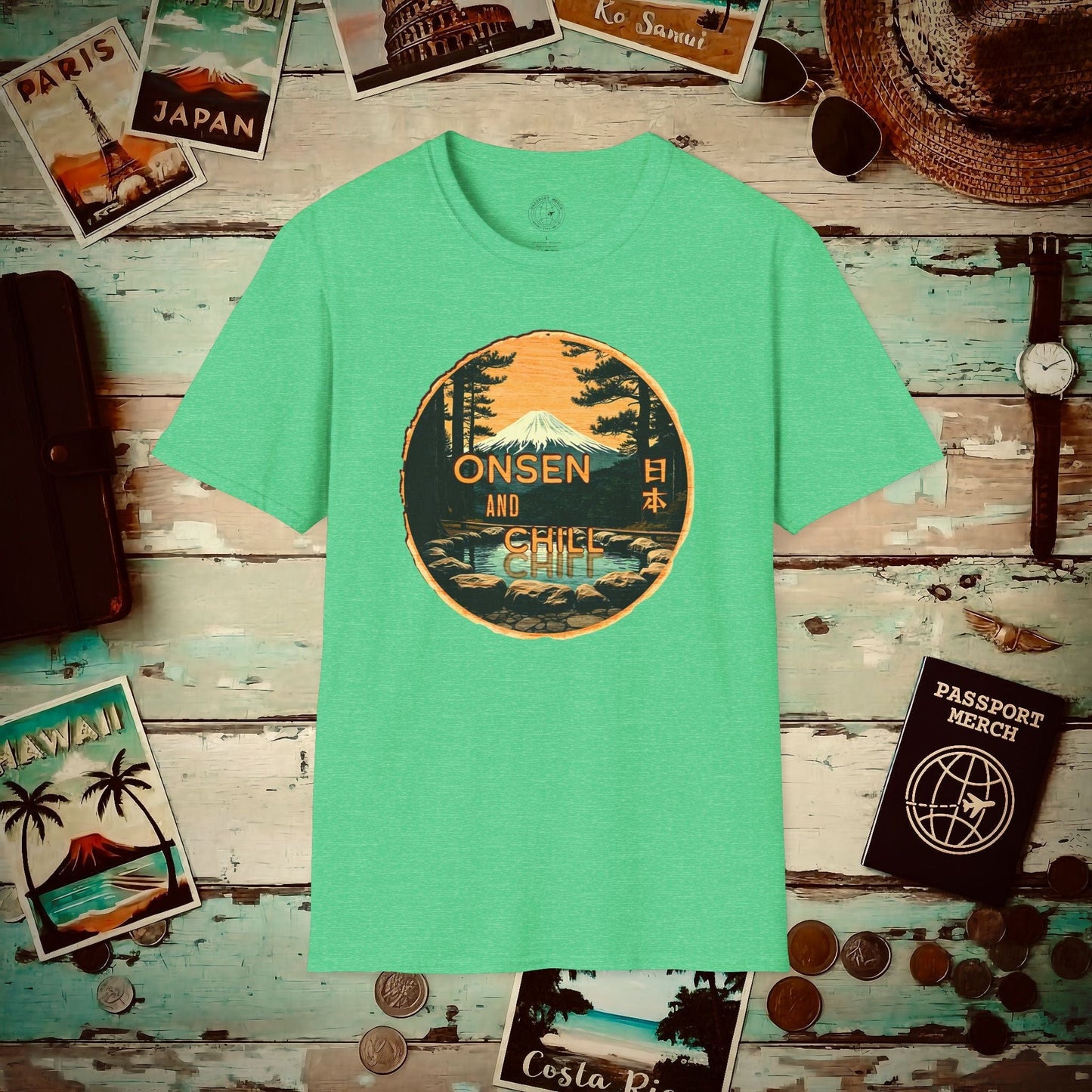 Onsen and Chill, Japan T-Shirt Heather Irish Green / S