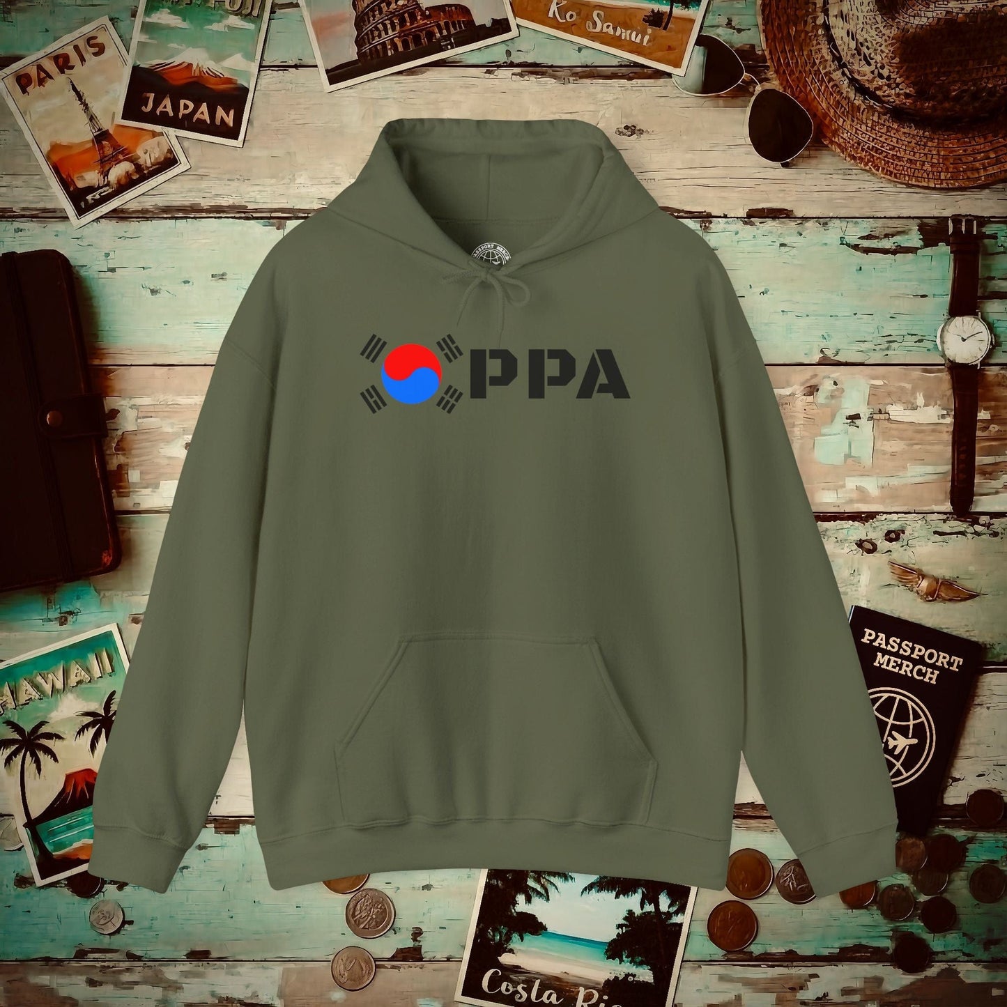 Oppa Flag, Korea Hoodie Military Green / S