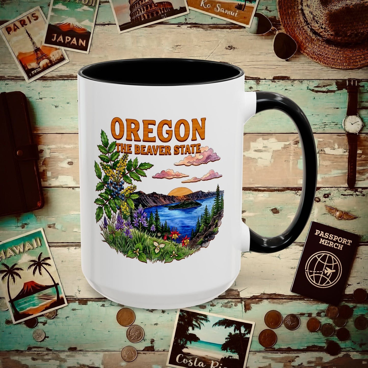 Oregon Flowers in Watercolored Oak 15oz Mug Black / 15oz