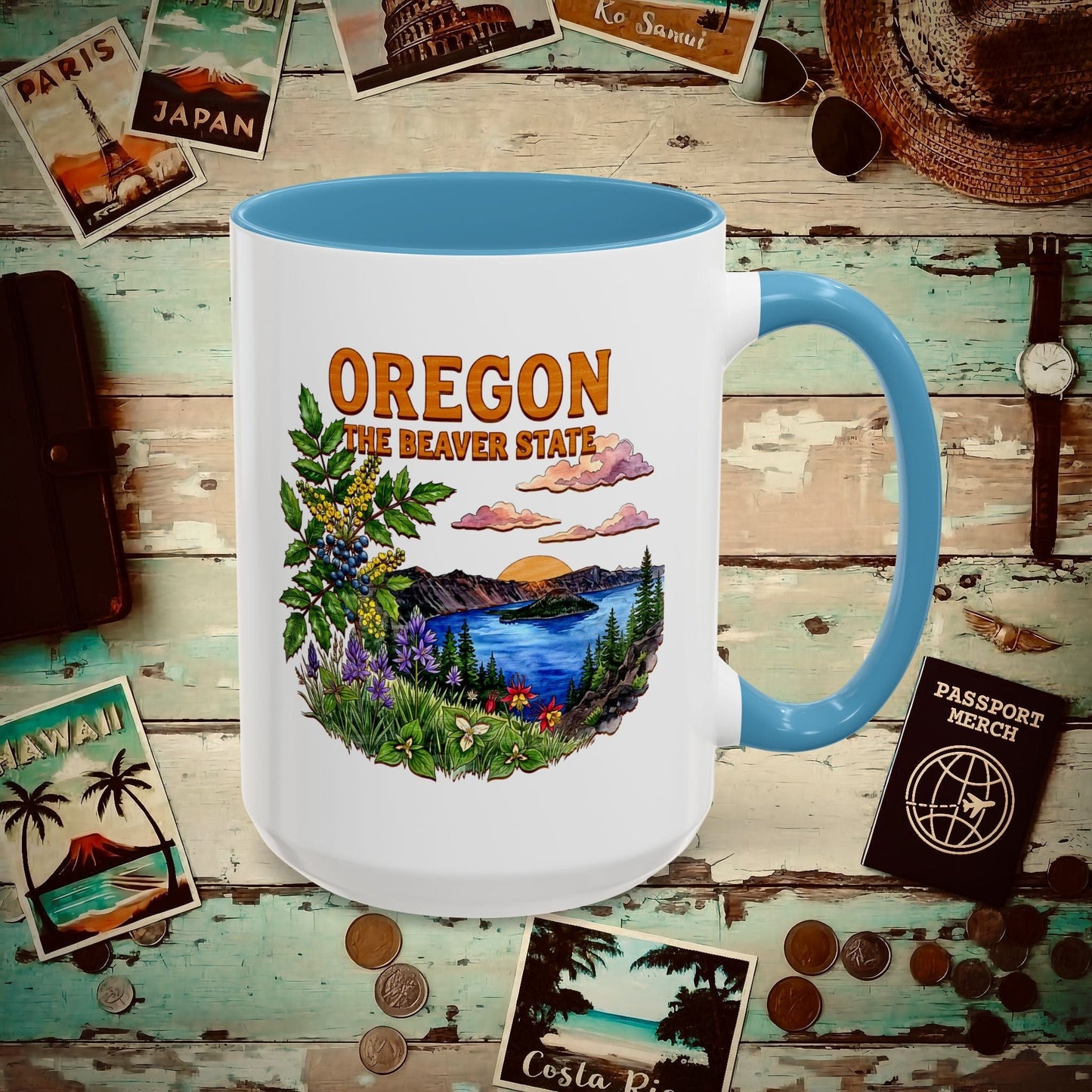 Oregon Flowers in Watercolored Oak 15oz Mug Light Blue / 15oz