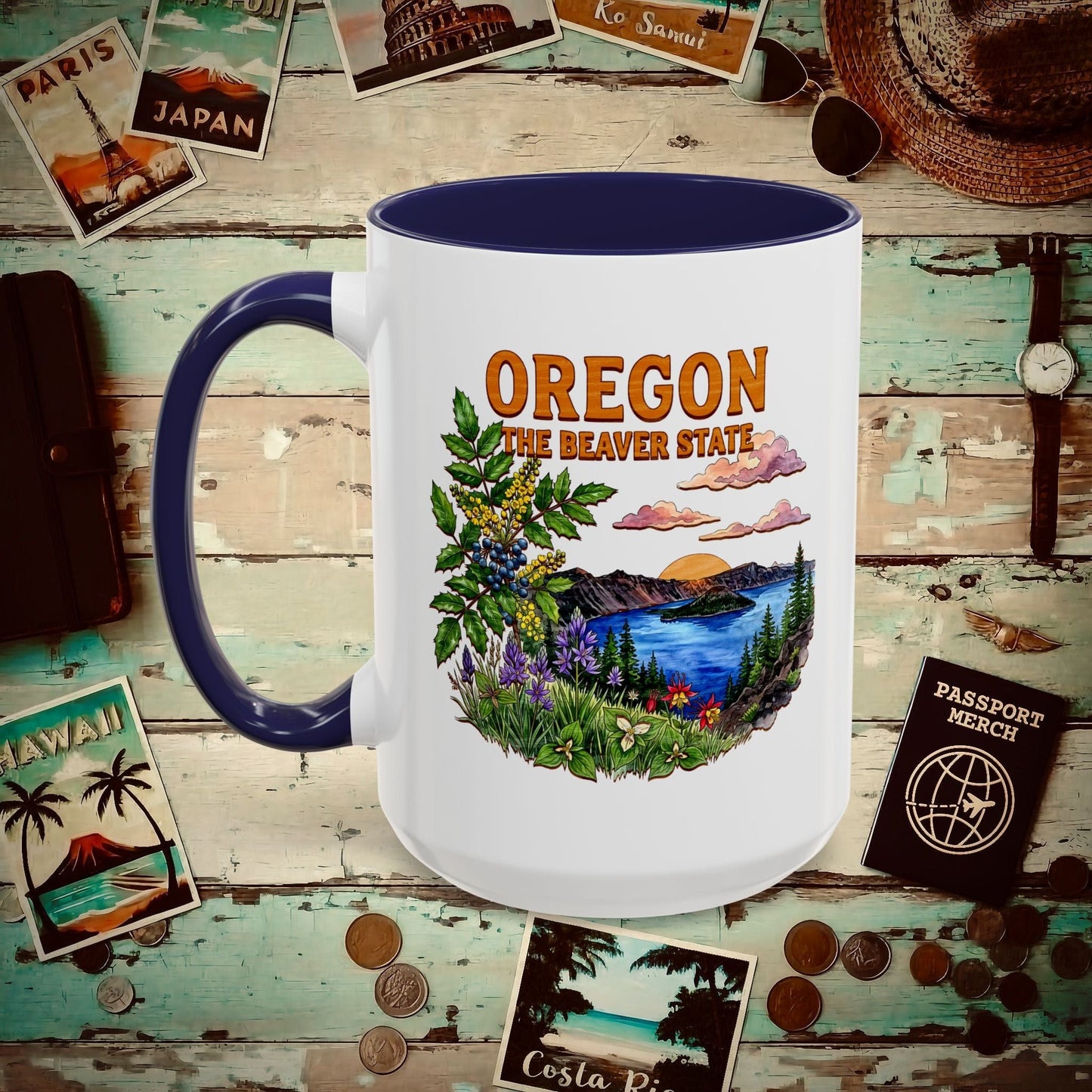 Oregon Flowers in Watercolored Oak 15oz Mug Navy / 15oz