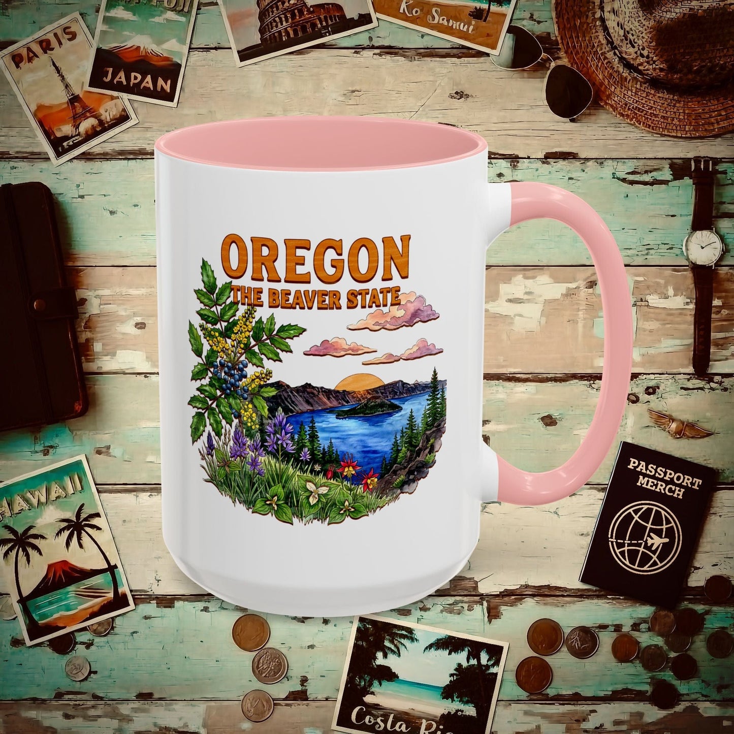 Oregon Flowers in Watercolored Oak 15oz Mug Pink / 15oz