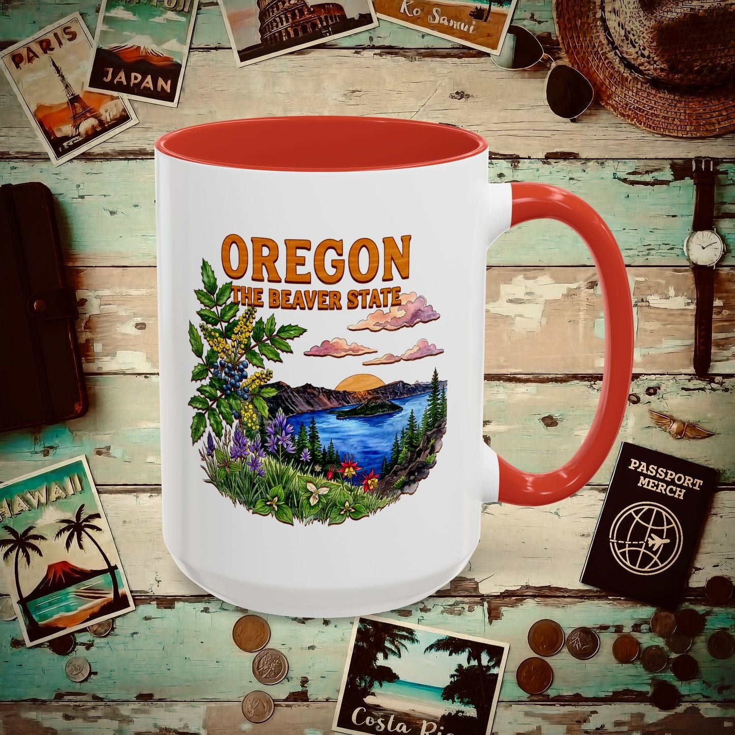 Oregon Flowers in Watercolored Oak 15oz Mug Red / 15oz