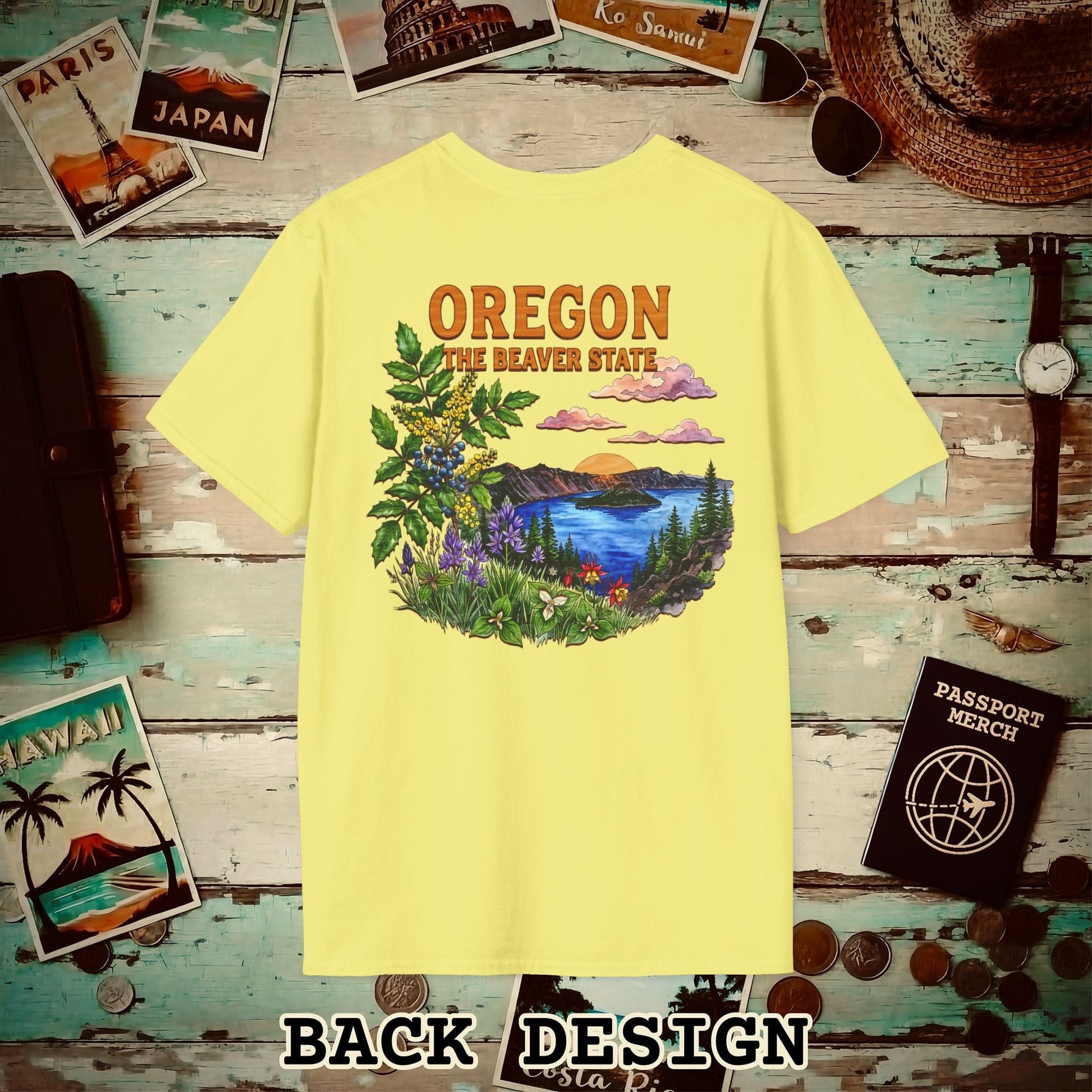 Oregon Flowers in Watercolored Oak Back Print T-Shirt Cornsilk / S