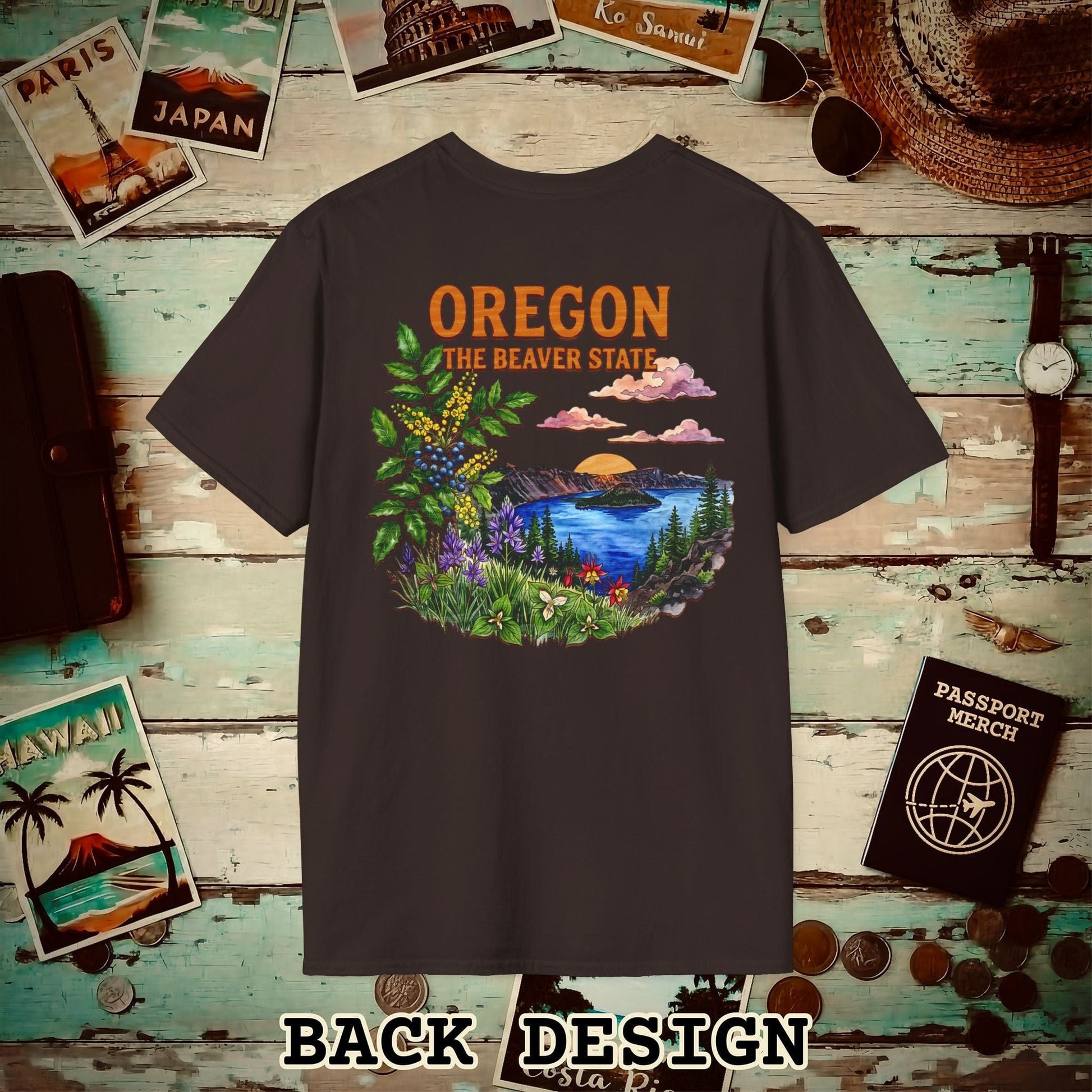 Oregon Flowers in Watercolored Oak Back Print T-Shirt Dark Chocolate / S